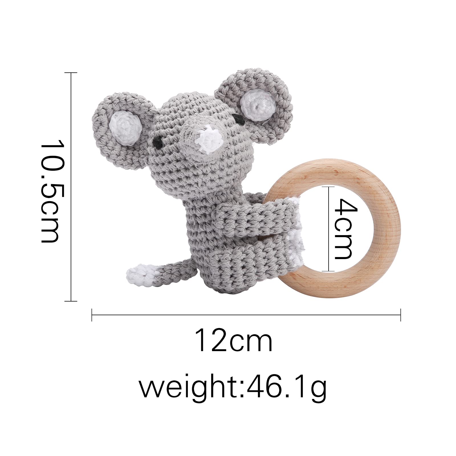 Organic Wooden Teether & Crochet Baby Rattle Toy - Handmade Gray Elephant Stuffed Animal Gift for Newborns | Safe Chewing Toy for Teething Babies, Infant Sensory Play & Baby Shower Gifts