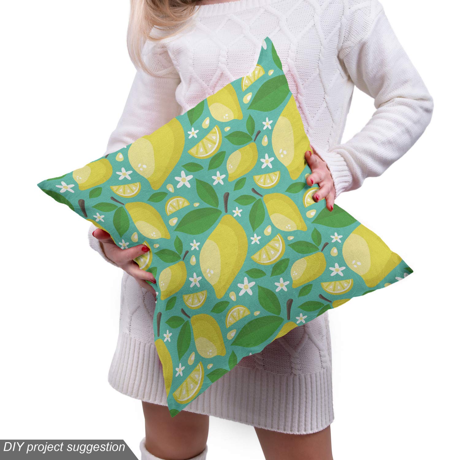 Ambesonne Floral Fabric by The Yard - Cartoon Style Lemon Leaves & Blooming Flowers Summer Garden Print - 10 Yards Seafoam Green & Yellow Upholstery Fabric for Sofa, Curtains, Pillows & Home Decor | Perfect for DIY Projects, Nursery Decor & Coastal Themed Rooms