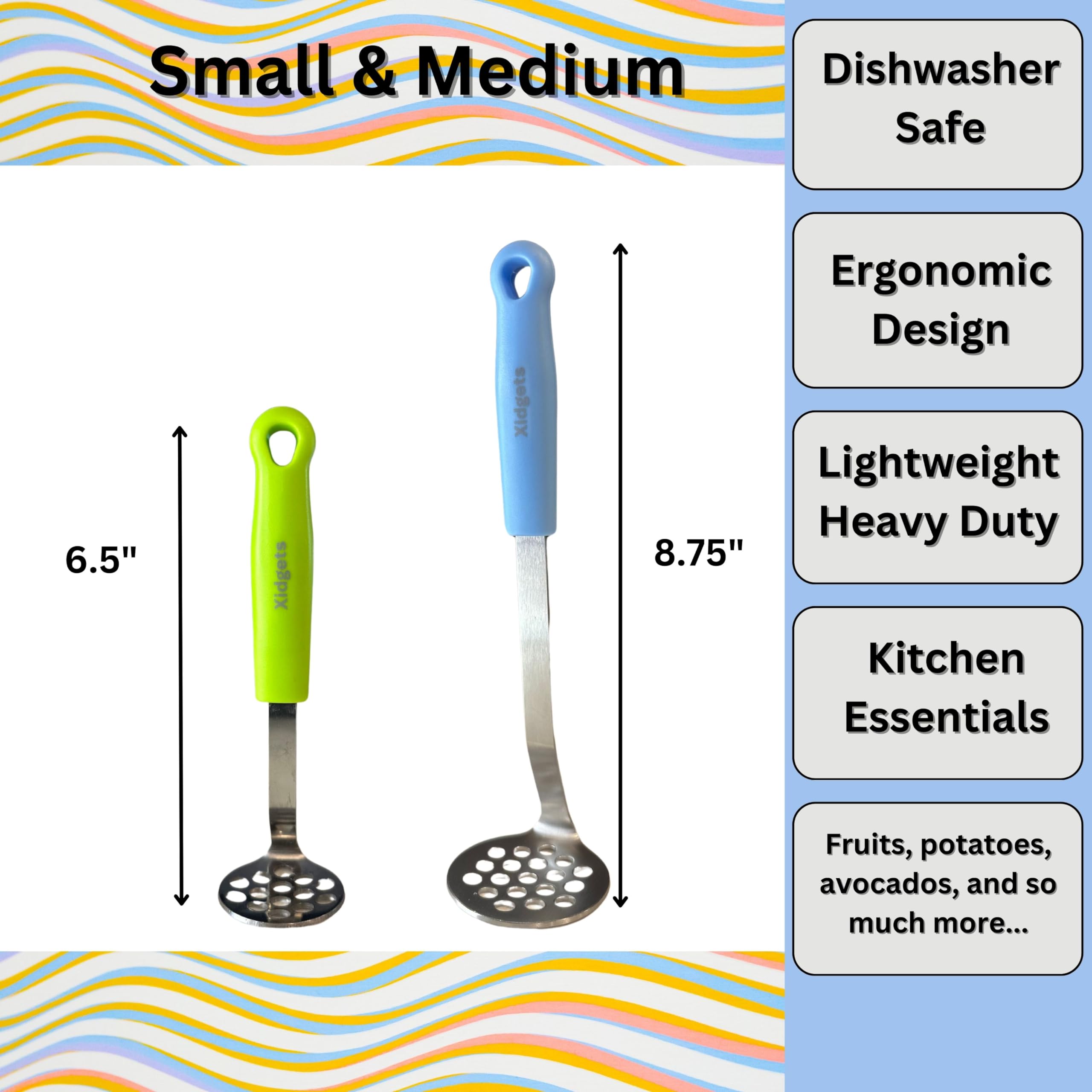Stainless Steel Mini & Medium Avocado Potato Masher Set - Heavy Duty, Dishwasher Safe Kitchen Utensils for Mashing Avocados, Potatoes, Baby Food - Compact & Durable Kitchen Essentials (Sky Blue/Zippy Green)