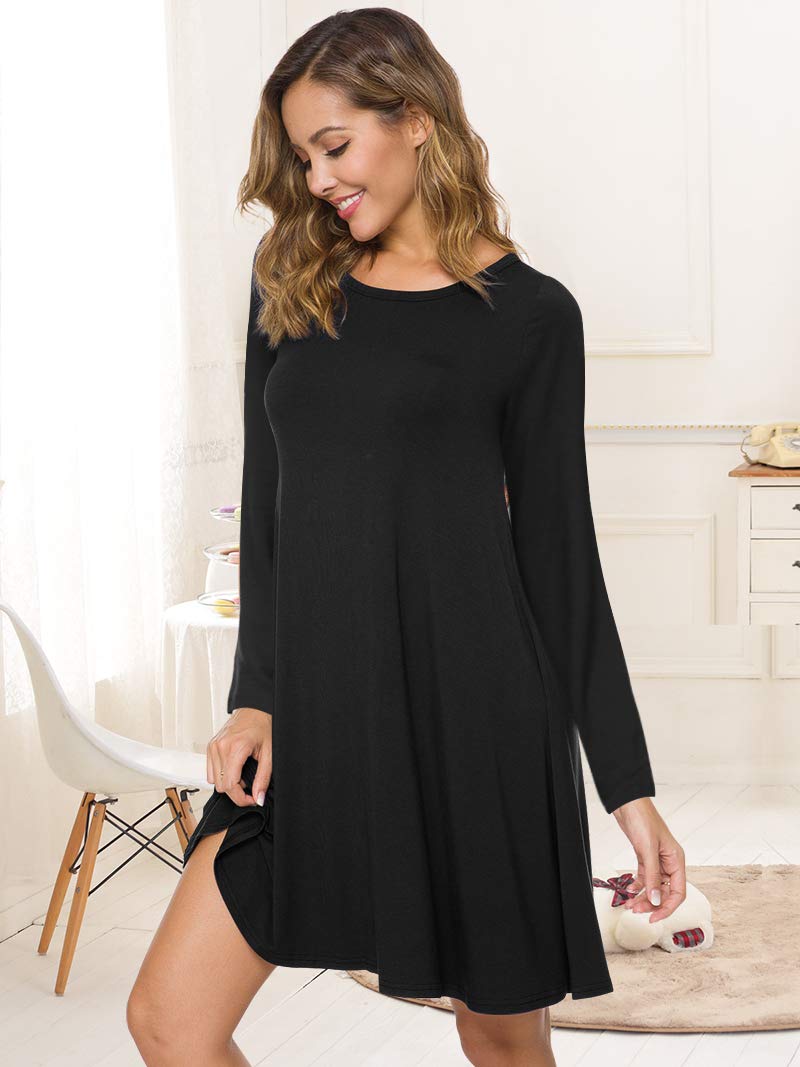POPYOUNG Women's Spring Long Sleeve T-Shirt Dress 2024 - Casual Swing Dress with Pockets, Flowy Comfort Fit for Work, Date Night & Weekend Outings