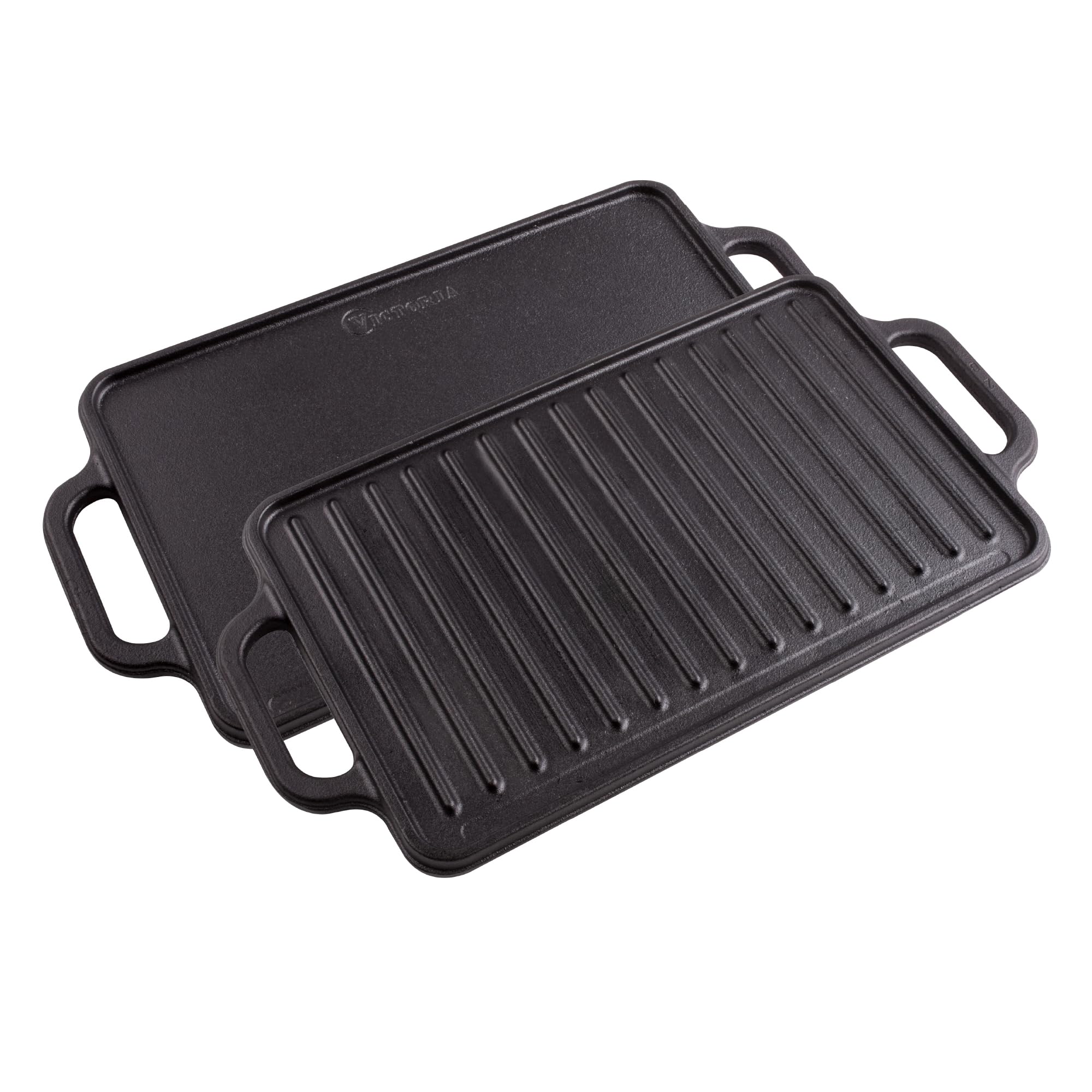 Victoria Rectangular Cast Iron Griddle - Double Burner Reversible Grill Pan, 13 x 8.5 Inch, Pre-Seasoned with 100% Kosher Certified Non-GMO Flaxseed Oil (Model GDL-189) - Perfect for Stovetop, Camping & Outdoor Cooking