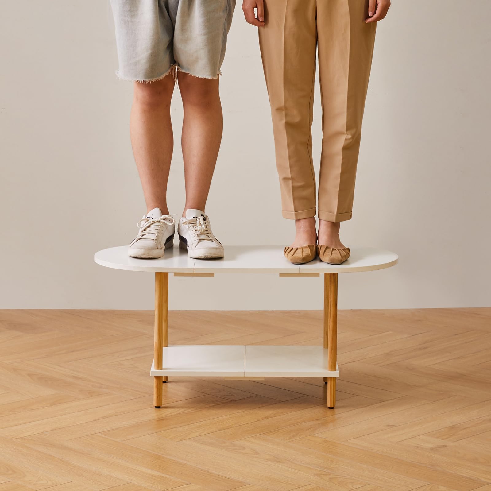 White Oval Coffee Table - Small Wooden 2-Tier Center Table with Splicing Design (35x16x17 Inches) for Living Room, Compact Spaces & Small Apartments - Perfect for Holding Drinks, Books & Decor