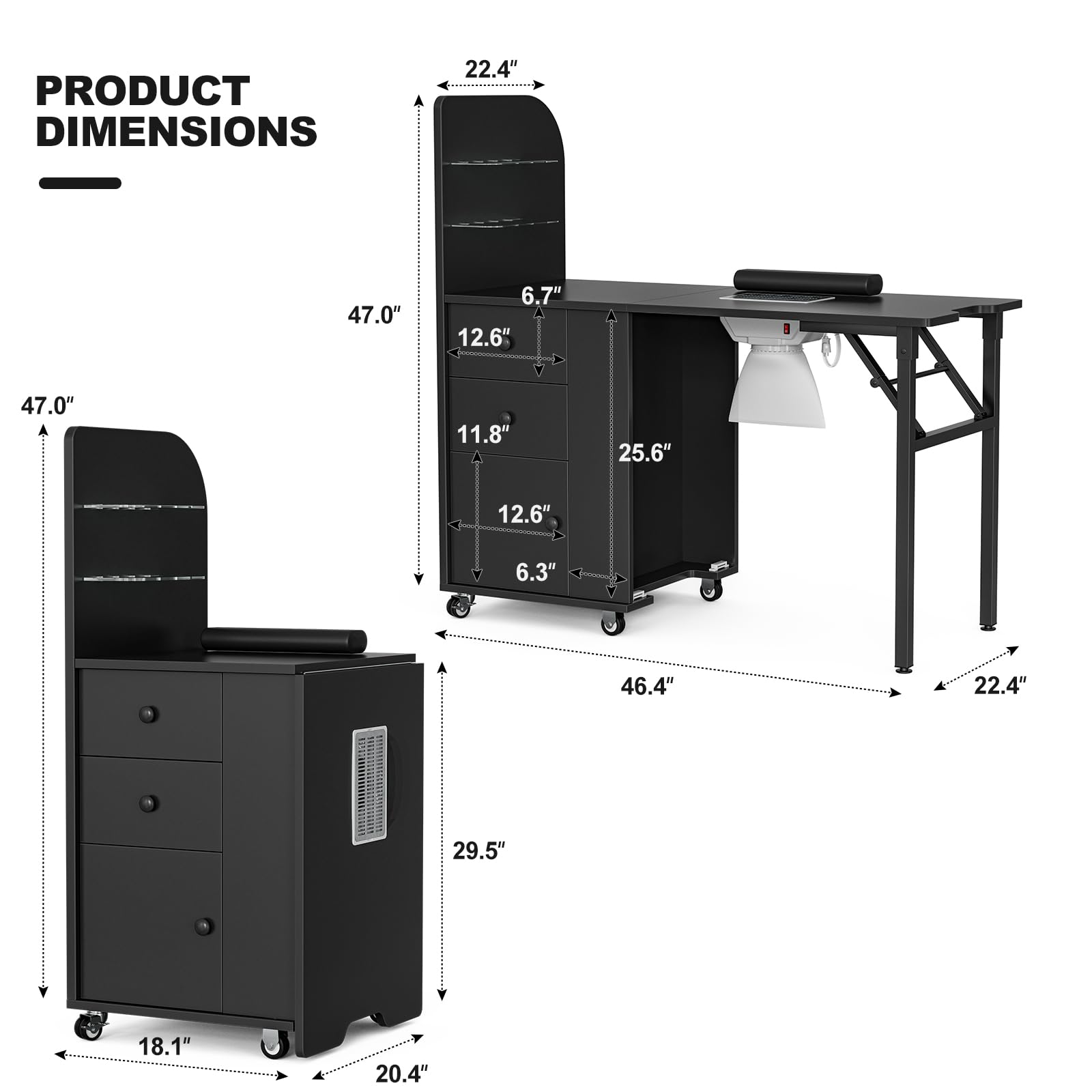 Foldable Manicure Nail Table with Dust Collector - Portable Nail Tech Desk with 2 Open Shelves, 2 Drawers & Wrist Pad - Lockable Wheels & Storage for Nail Artists (Black) | Perfect for Home Salons, Mobile Nail Technicians & Professional Nail Studios