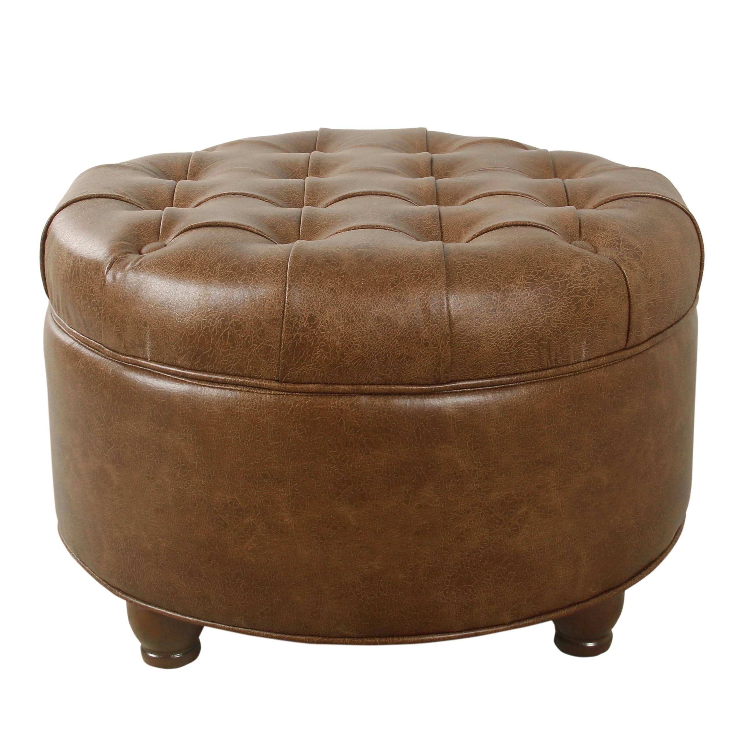 Homepop Button Tufted Faux Leather Round Storage Ottoman - Brown Leather Footrest Stool with Hidden Storage for Living Room, Bedroom & Home Decor | Perfect for Extra Seating, Footrest & Organization