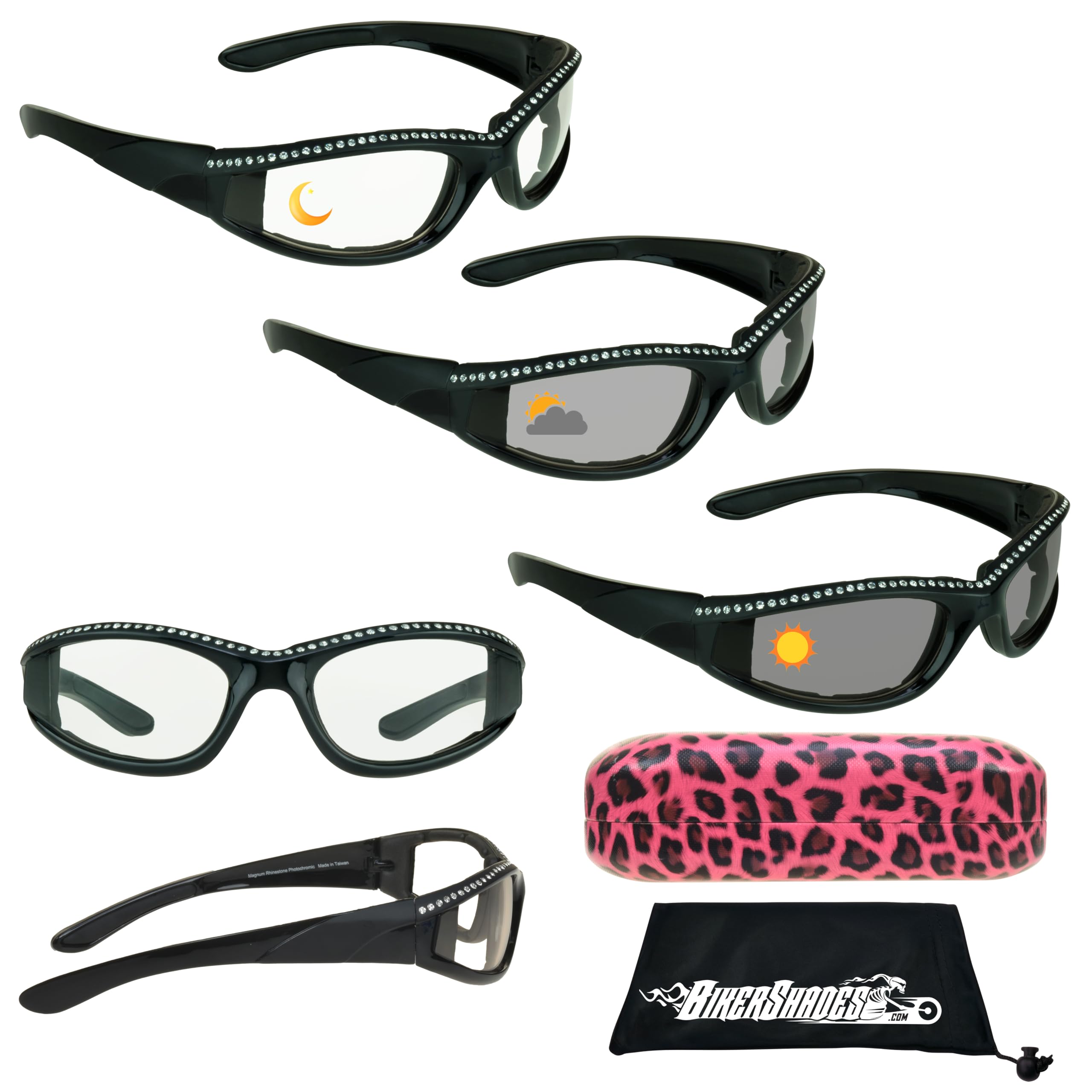 BikerShades Photochromic Motorcycle Riding Glasses for Women - Day/Night Transition Lenses with Rhinestone Accents | Perfect for Commuting, Touring & Outdoor Adventures