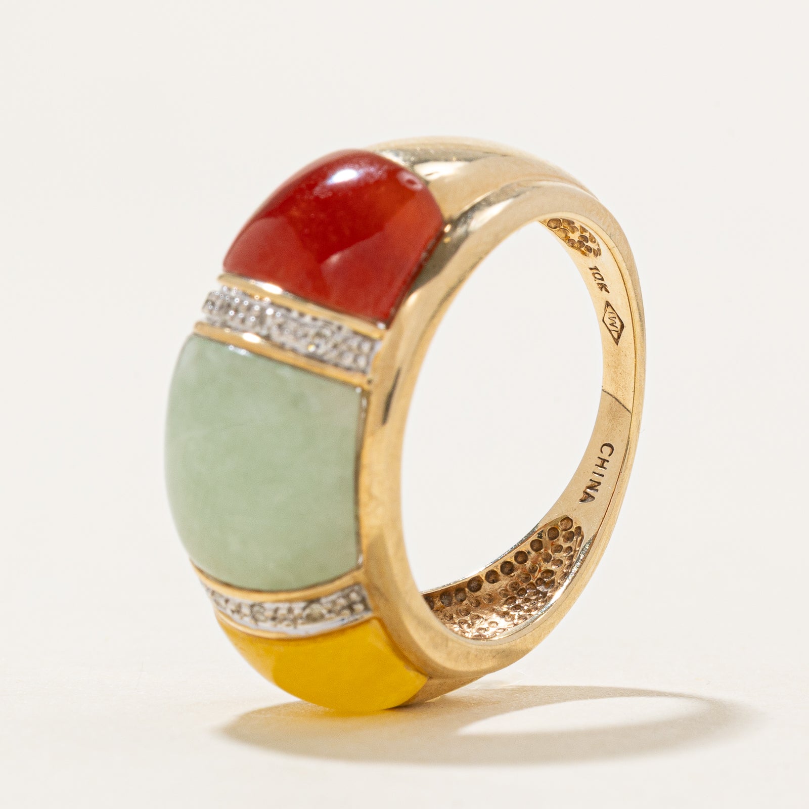 10.00ctw Multi Colored Jadeite & Diamond Dome Ring - 0.03ct Genuine Diamonds - Size 7 - Elegant Statement Jewelry for Weddings, Parties & Special Occasions