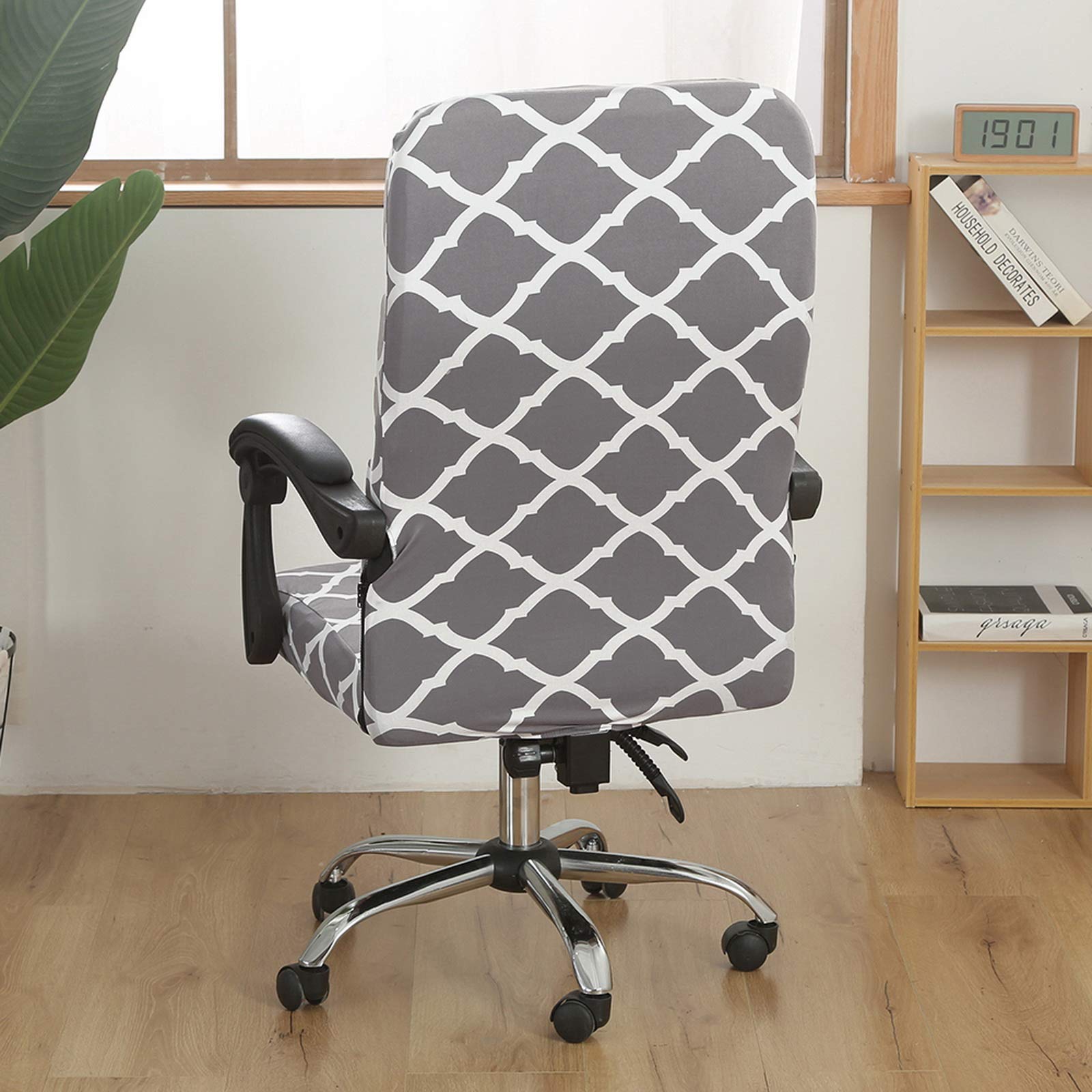 Durable Zippered Office Chair Cover - Washable Stretchable Desk Chair Slipcover for High Back Computer Chairs - Medium Size Grey Rhombus Print - Perfect for Home Office, Gaming & Workspace Decor
