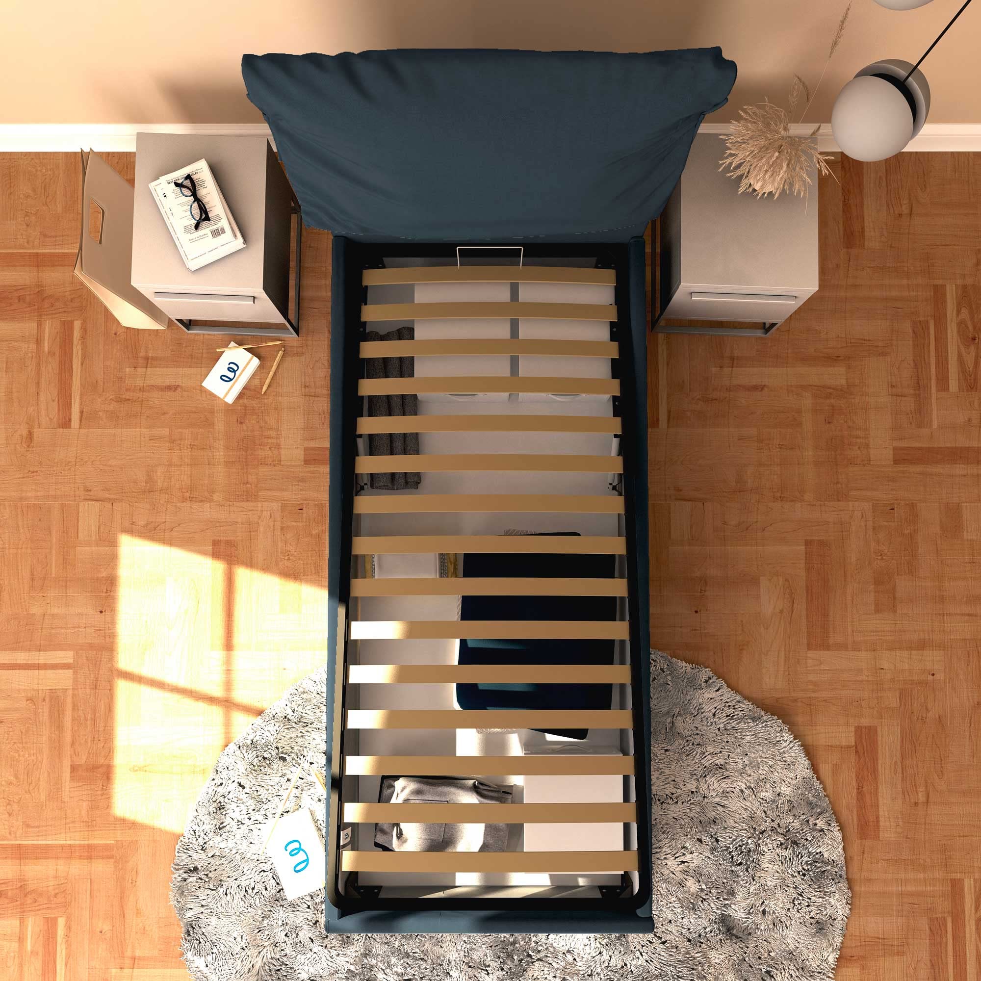 Baldiflex Single Bed Frame with Storage - Licia Soft Synthetic Leather, Slatted Base for Single Mattress, 90 x 200 cm, Padded Headboard, Night Blue - Perfect for Small Bedrooms, Guest Rooms & Studio Apartments