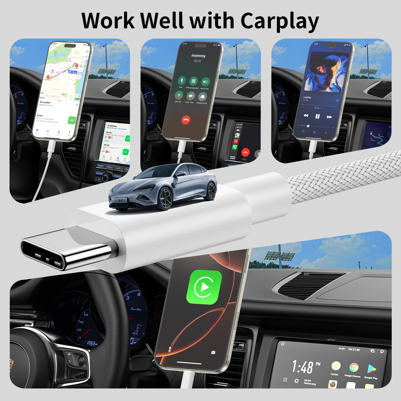 Apple MFi Certified USB A to USB C CarPlay Cable - 2 Pack 6.6Ft Fast Charging Nylon Braided Cord for iPhone 16/15 Series & iPad Pro 12.9 - Perfect for Road Trips & Daily Commutes