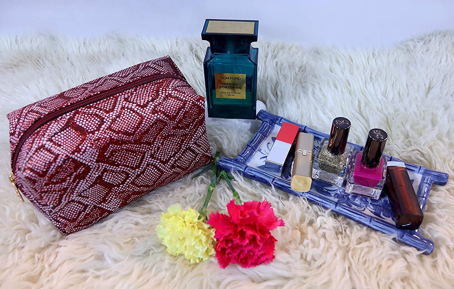 STRIPES® Red Glitter Snake Skin Cosmetic Organizer Bag - Soft Travel Makeup Pouch for Women & Girls (Pack of 2) | Perfect for Toiletries, Beauty Essentials & Stylish On-the-Go Organization