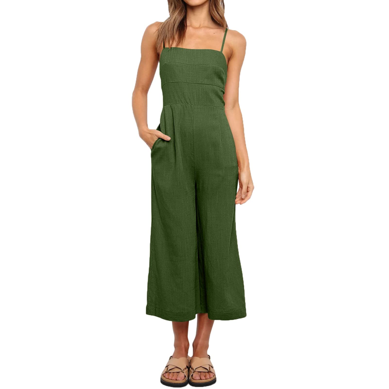Women's High Waist Romper Jumpsuit - Sleeveless Wide Leg Square Neck Casual Cami Outfit for Summer, Beach, Party & Everyday Wear
