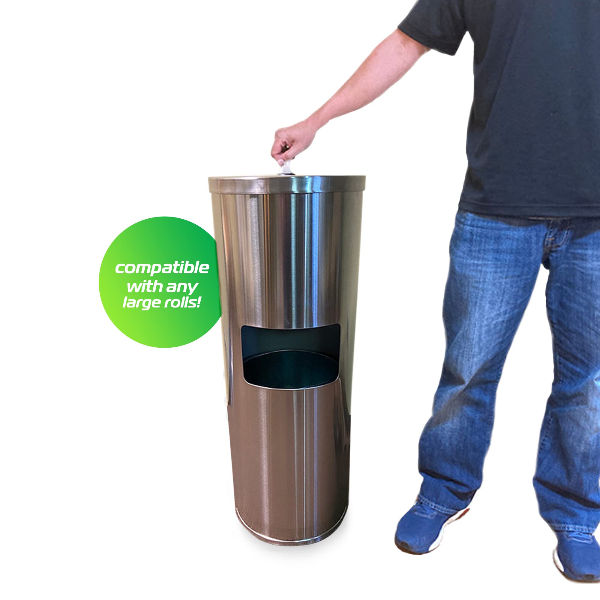 Stainless Steel Wipes Dispenser with Trash Can & Refillable Bucket - Multi-Purpose Floor Stand for Large Roll Wipes - Durable & Hygienic for Home, Office, Kitchen, Nursery & Commercial Use