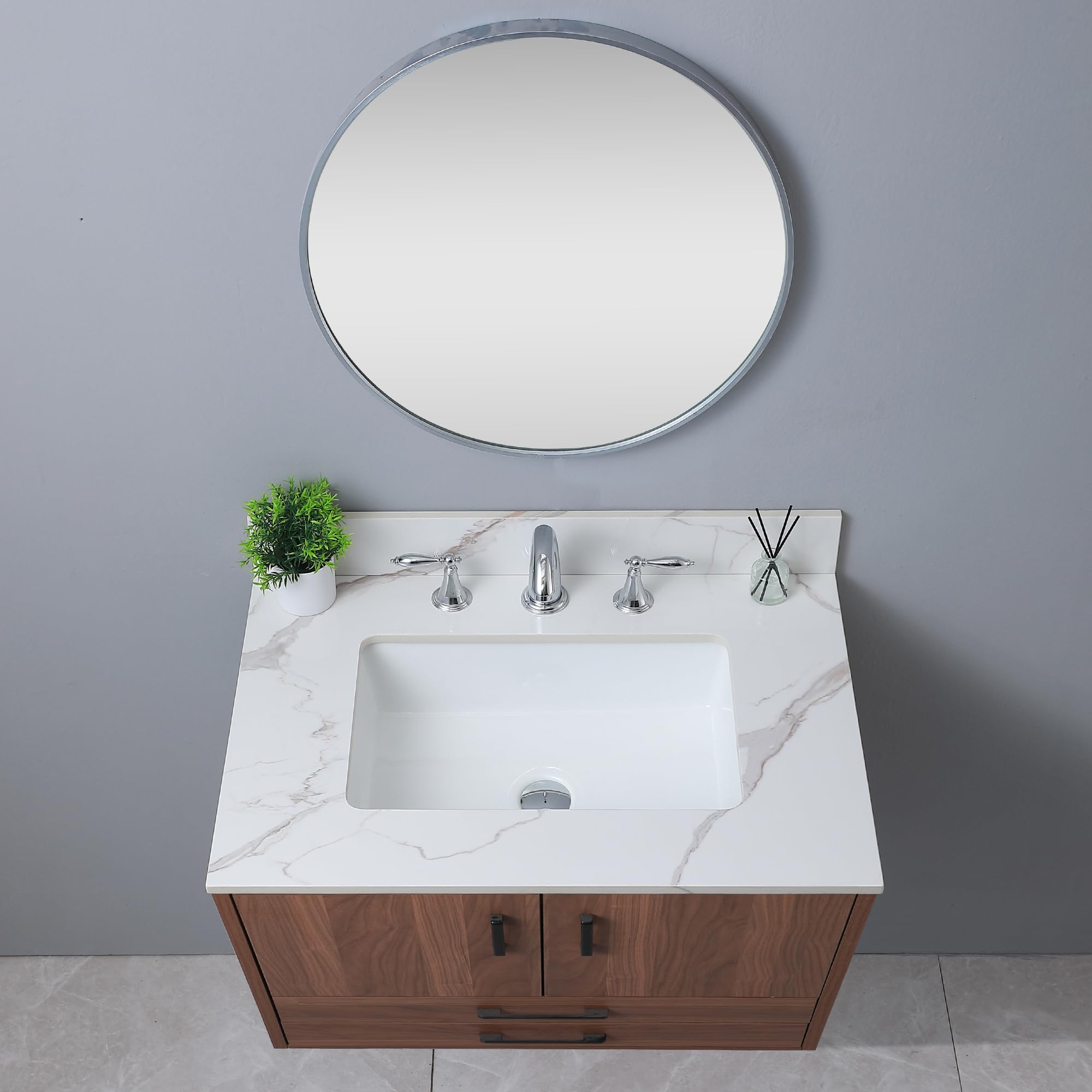 31 x 22 Inch Sintered Stone Bathroom Vanity Top with Ceramic Undermount Rectangular Sink - Carrara Gold 3 Hole Design with Backsplash | Durable & Waterproof for Modern Bathroom, Powder Room, or Guest Bath Installation