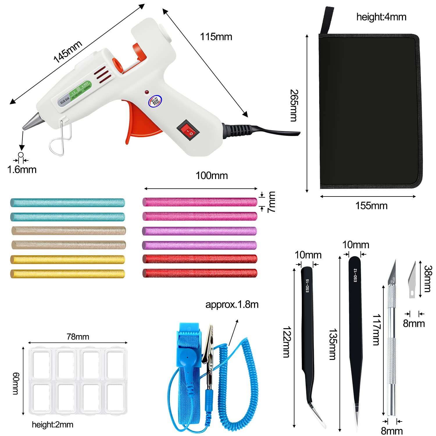 **16-Color Glue Gun Kit with 32 Glue Sticks, 5-Blade Carving Knife, Anti-Static Wristband & Pointed Tweezers - 40W Fast Heating for DIY Crafts, Home Repairs & School Projects**