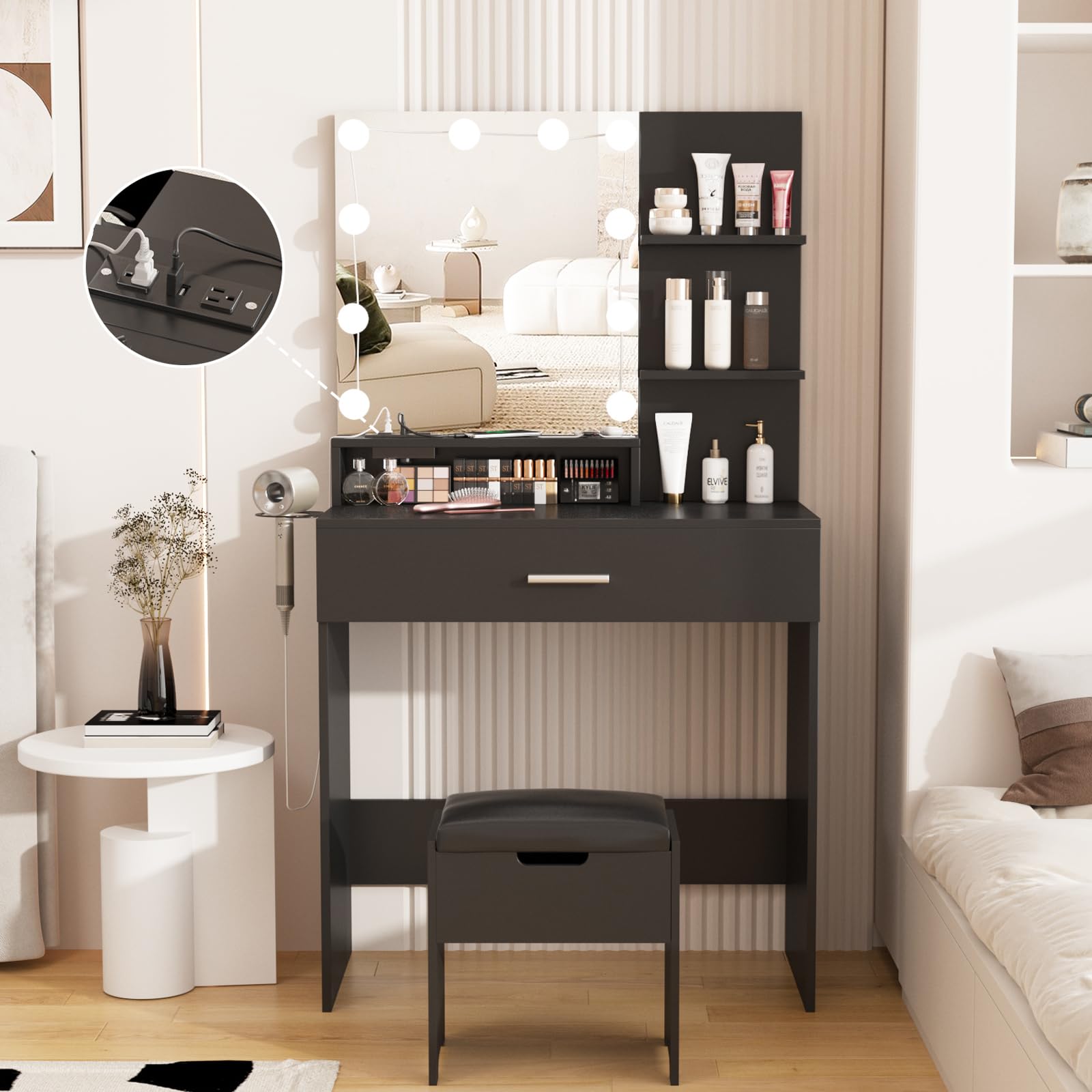 Fameill Makeup Vanity Table with LED Lighted Mirror & USB Charging Station, Black Vanity Desk Set with 3 Lighting Modes & Adjustable Brightness - 31.5 Inch Wide for Bedroom, Dressing Room & Home Beauty Salon