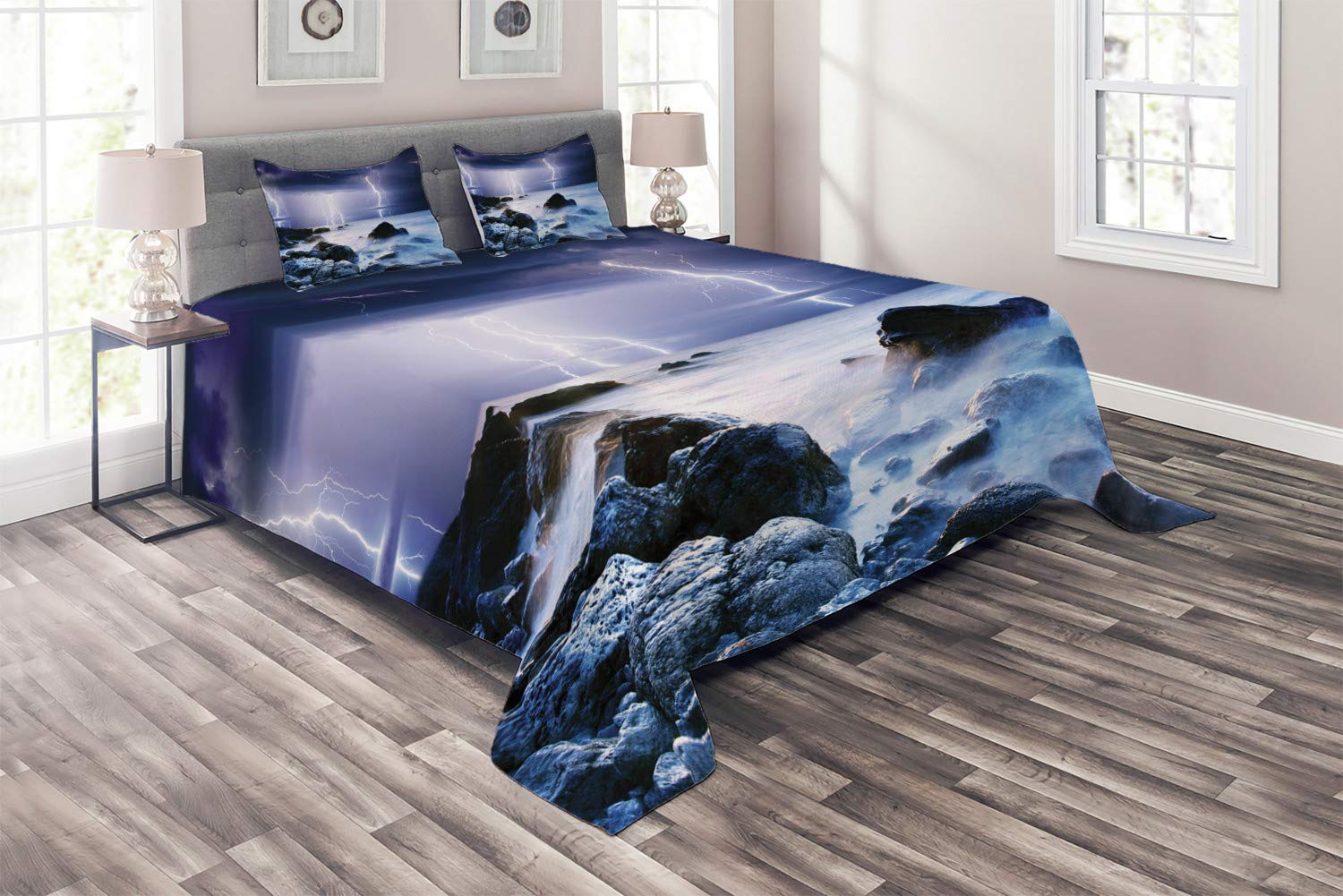 Ambesonne Nature Coverlet - 3-Piece King Size Quilted Bedspread Set with 2 Pillow Shams, Summer Storm Ocean Theme in Purple & Grey | Perfect for Coastal Bedrooms, Guest Rooms & Weather-Inspired Home Decor