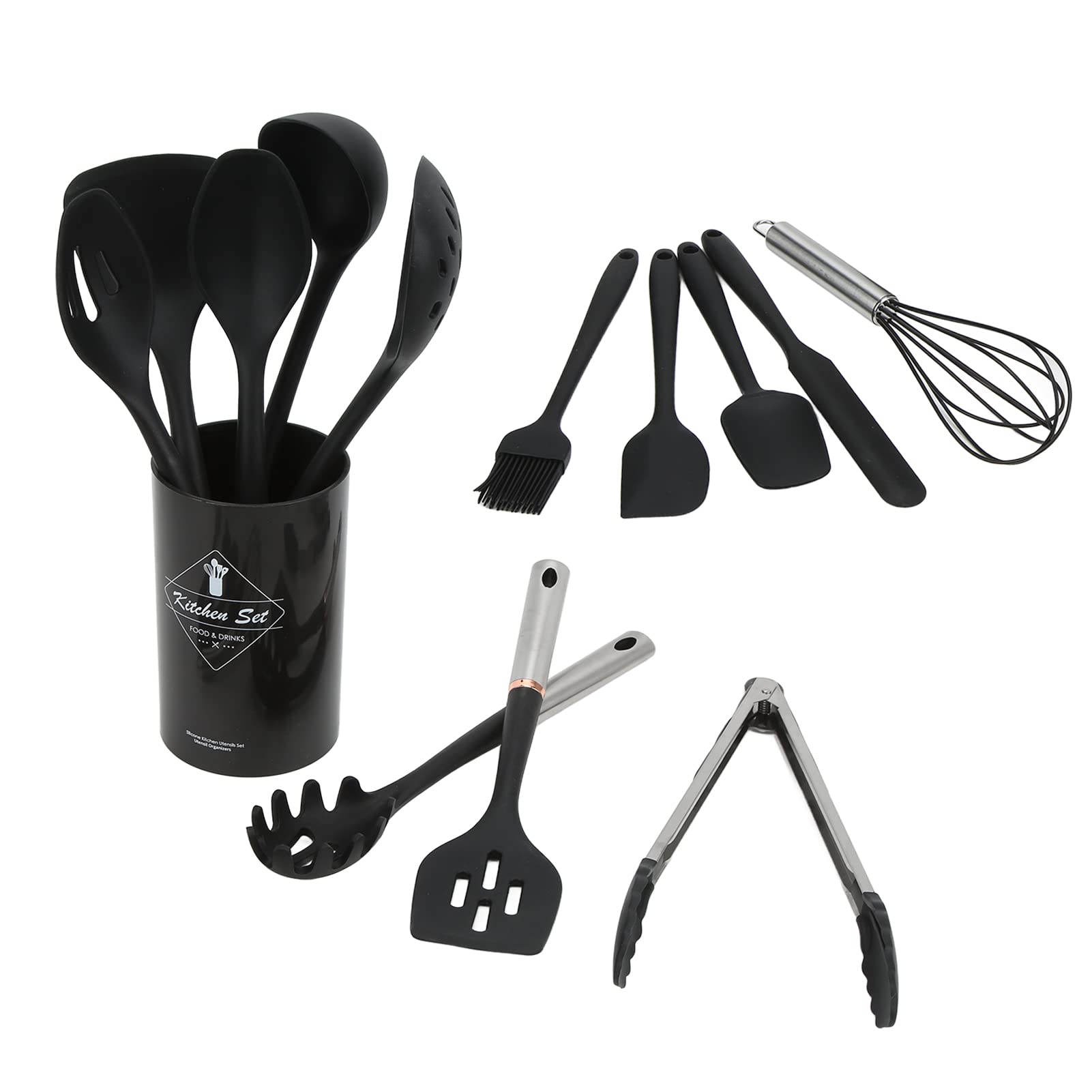 14-Piece Silicone Cooking Utensil Set with Stainless Steel Handles - Heat Resistant Kitchen Tools Including Tongs, Spatula & Spoon with Holder - Perfect for Baking, Grilling & Everyday Cooking