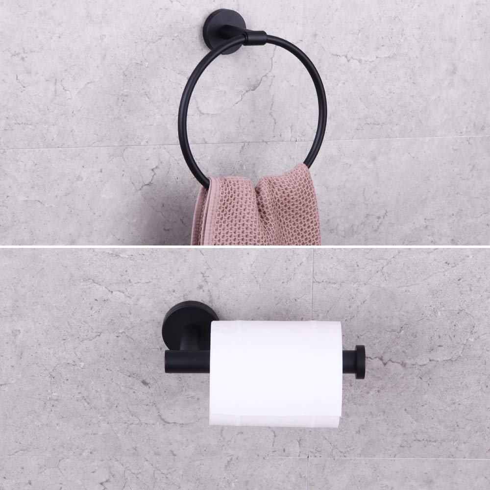 GERZWY 2-Piece Black Bathroom Hardware Set - Stainless Steel Towel Ring & Toilet Paper Holder, Wall Mounted Matte Black (AG1404B-BK) | Durable 304 SUS for Modern Bathrooms, Powder Rooms & Guest Bath Decor