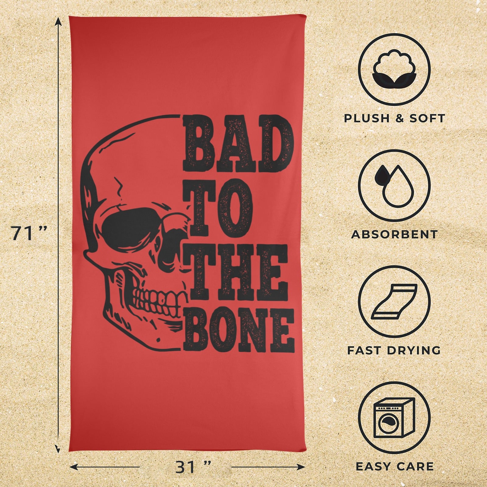 Bad To The Bone Beach Towel - Extra Large Sandproof Quick Dry Towel for Pool, Beach, Yoga & Outdoor Activities - Cool Skull Design Summer Essential
