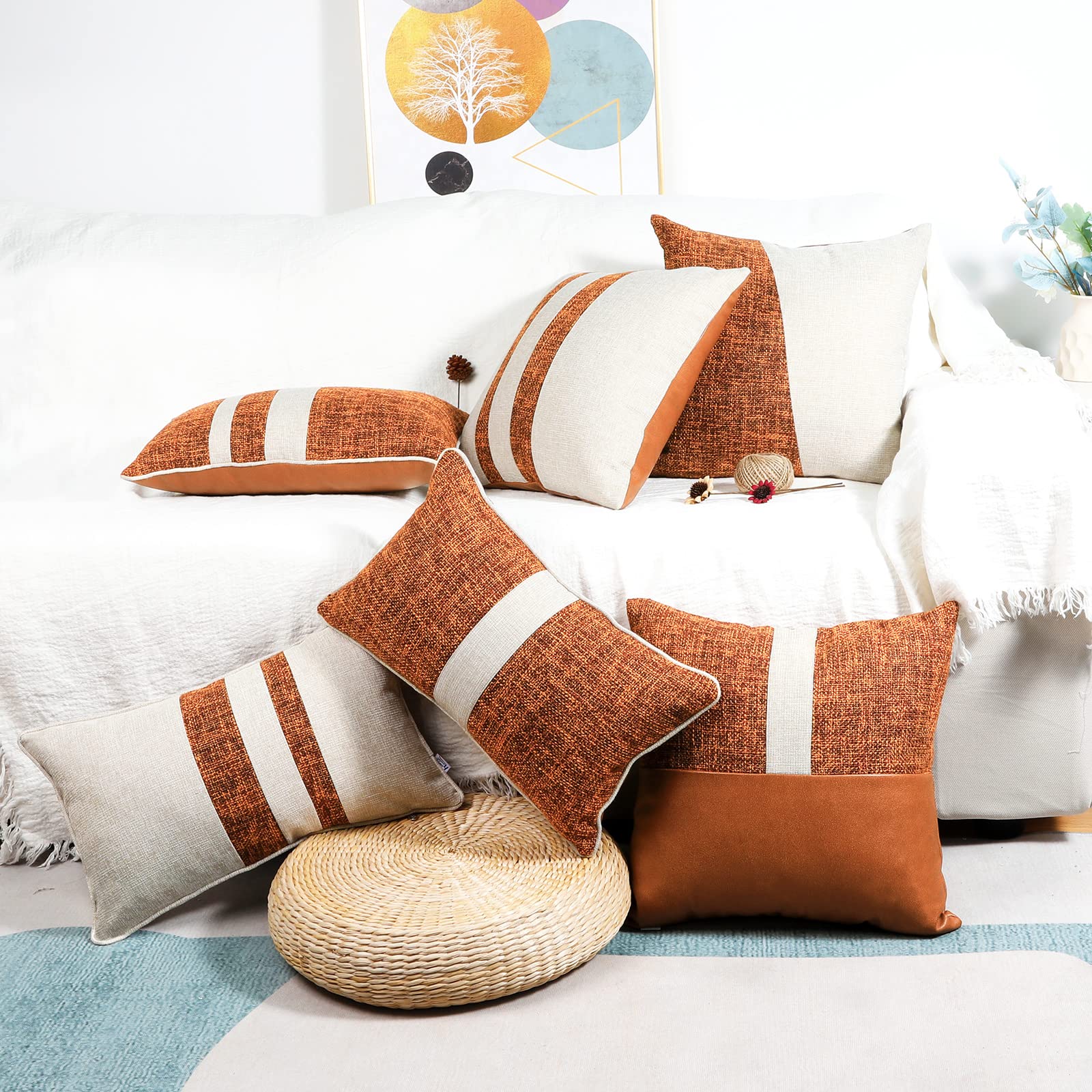 2 Pack 12x20 Inch Orange Linen & Brown Faux Leather Patchwork Lumbar Pillow Covers - Farmhouse Modern Decorative Throw Pillow Cases for Couch, Bed, Sofa, Chair - Perfect for Living Room, Bedroom & Home Decor
