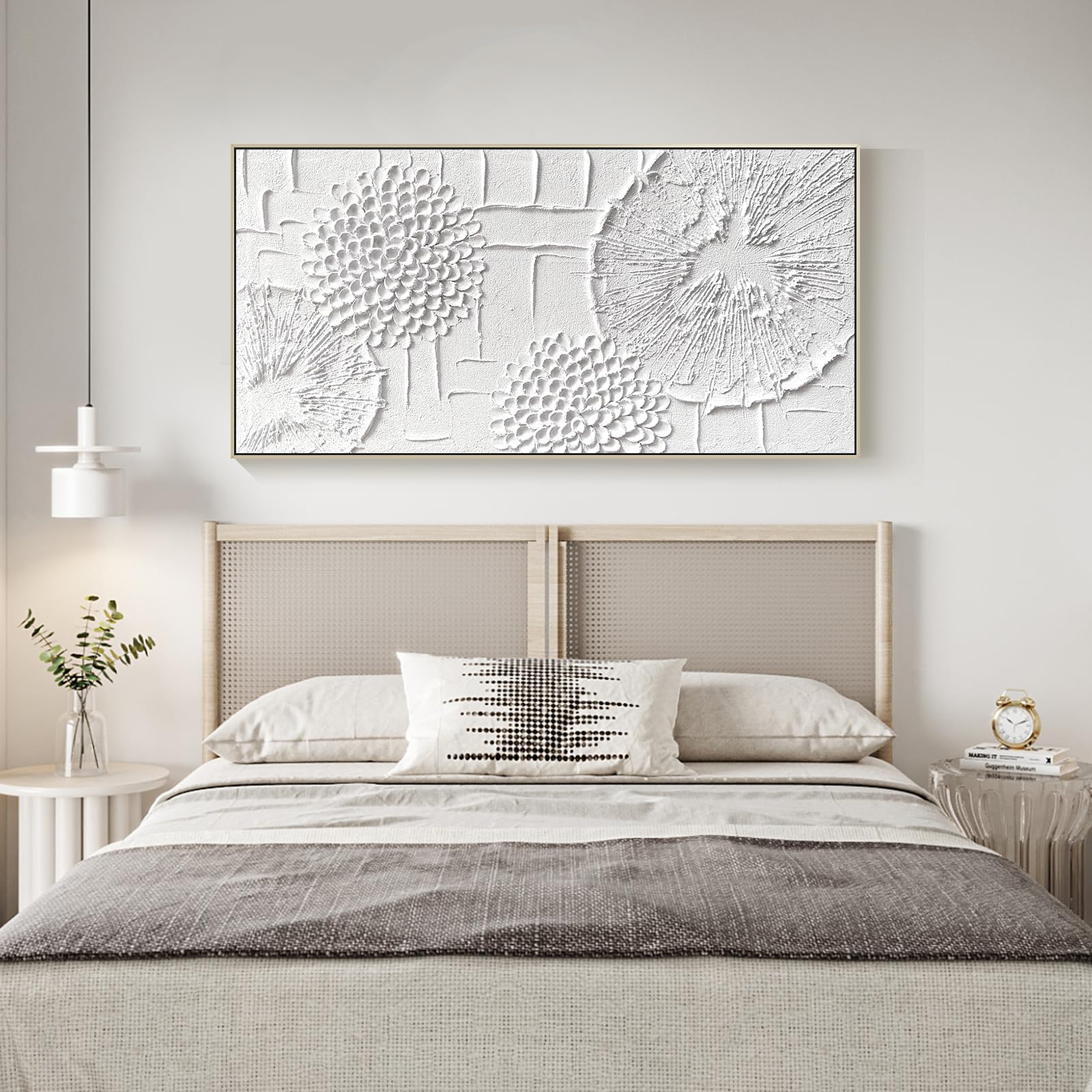 Large White Textured Canvas Wall Art - Hand Painted 3D Dandelion Oil Painting Wabi Sabi Minimalist Gold Framed Artwork (48x24 Inches) - Perfect for Living Room, Bedroom & Office Wall Decor | Modern Boho Home Aesthetic