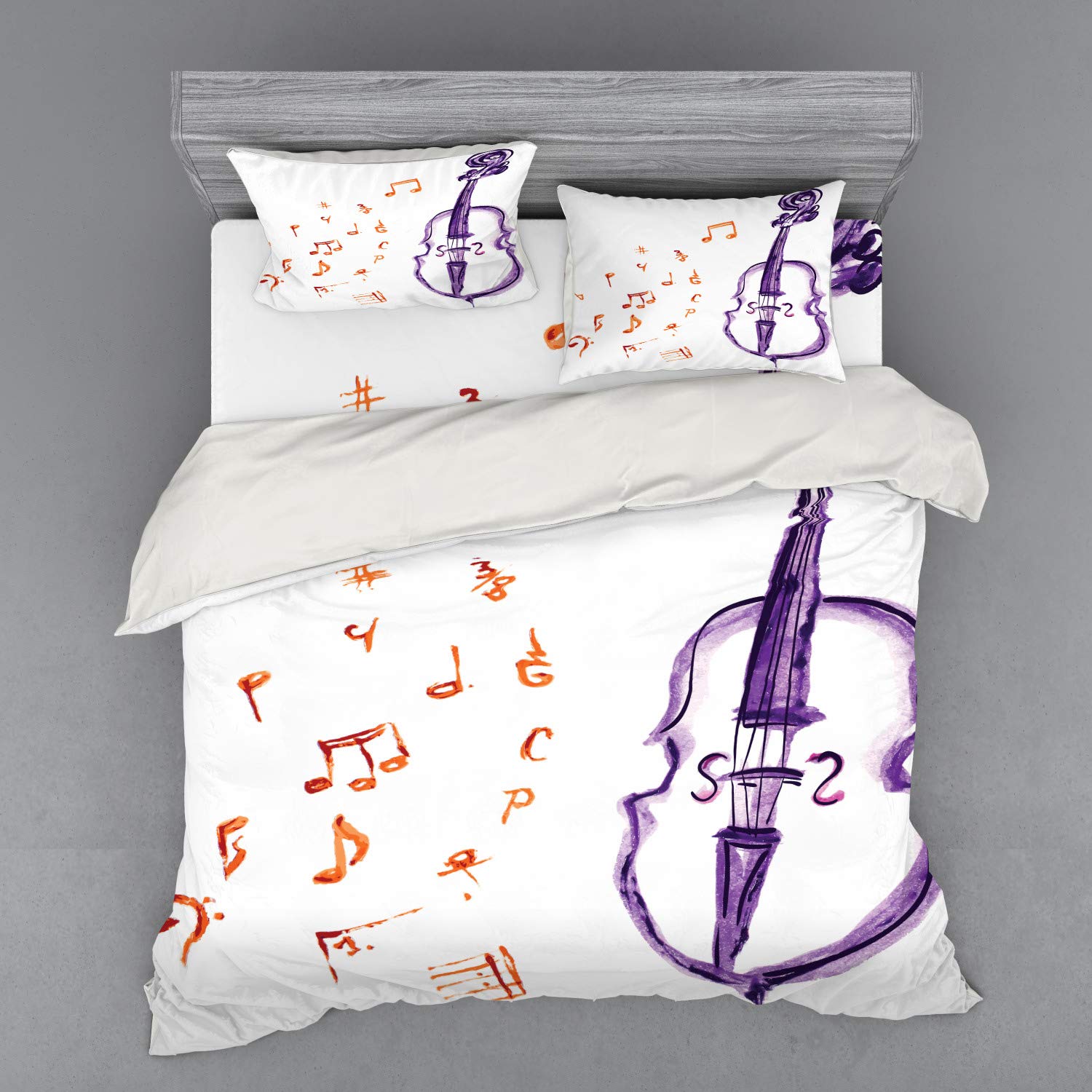 Ambesonne Music Themed 4-Piece King Size Bedding Set - Watercolor Violin, Cello & Musical Notes Print on White Backdrop - Duvet Cover with Shams & Fitted Sheet (Purple & Red) - Perfect for Musicians' Bedrooms, Music Lovers' Homes & Themed Guest Rooms