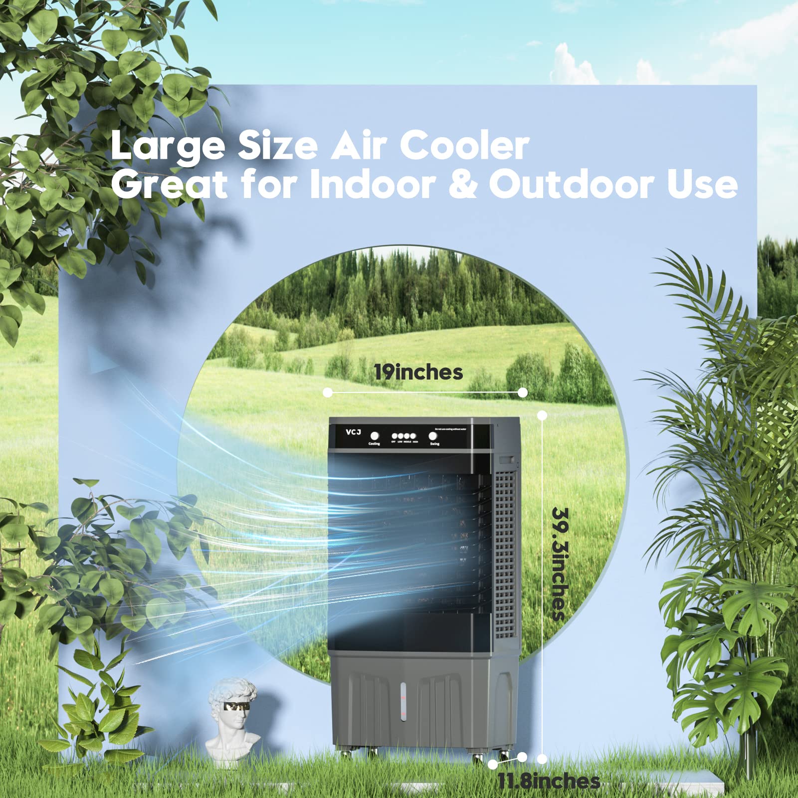 Portable Evaporative Air Cooler - 3-in-1 Cooling Fan with 6 Ice Crystal Boxes, Large Water Tank & Wheels | 3-Speed Modes for Home, Office, Bedroom, Patio & Outdoor Use | Energy Efficient Personal Space Cooler