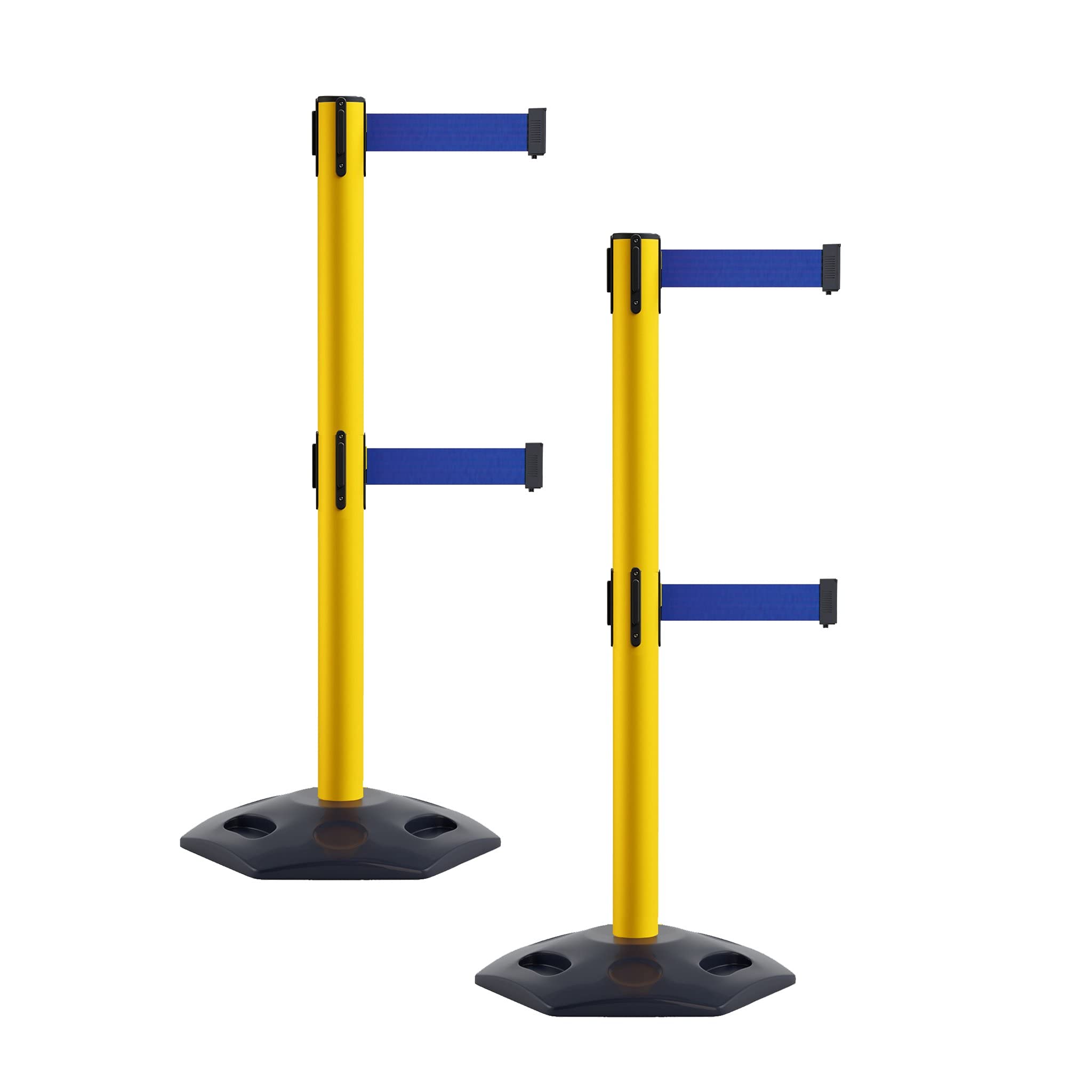 Heavy-Duty Retractable Safety Barrier Stanchion - Dual Belt Crowd Control Post with Rubber Base (Set of 2) - 11ft Dark Blue Belt for Warehouse, Retail & Event Management - WBB-200D Yellow Post