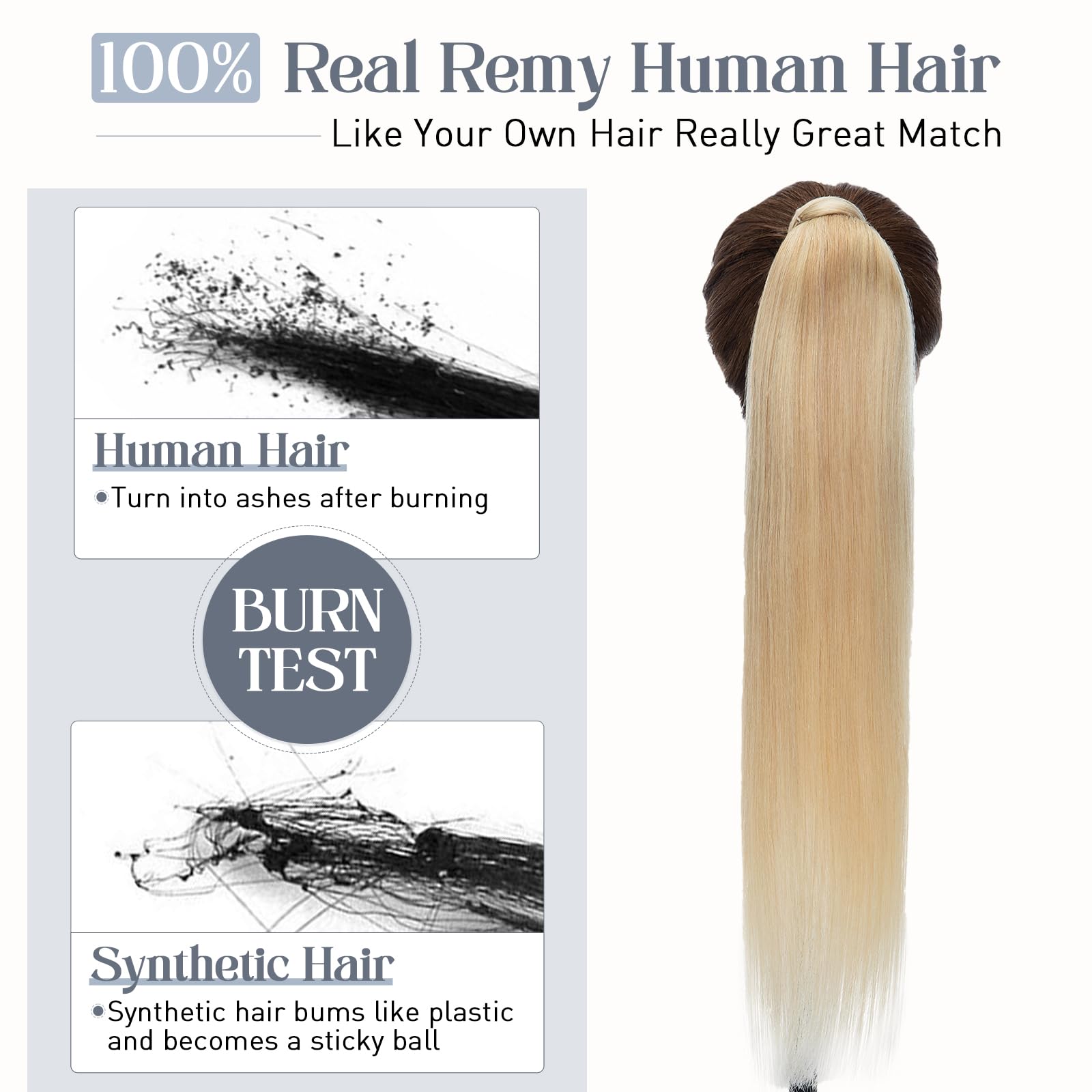 20 Inch Real Human Hair Ponytail Extensions - #18P613 Ash Blonde & Bleach Blonde Wrap Around Clip In Ponytail for Women (90g) | Long Straight Hairpiece for Parties, Weddings & Daily Styling