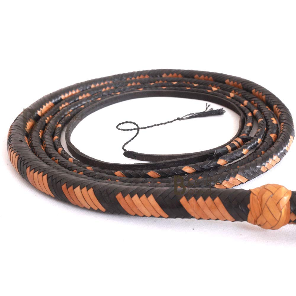 10 Foot Bullwhip - 16 Plaits Kangaroo Hide Leather with Leather Belly & Bolster - Indiana Jones Style Equestrian Whip in Tan & Black - Perfect for Horseback Riding, Training, and Cosplay