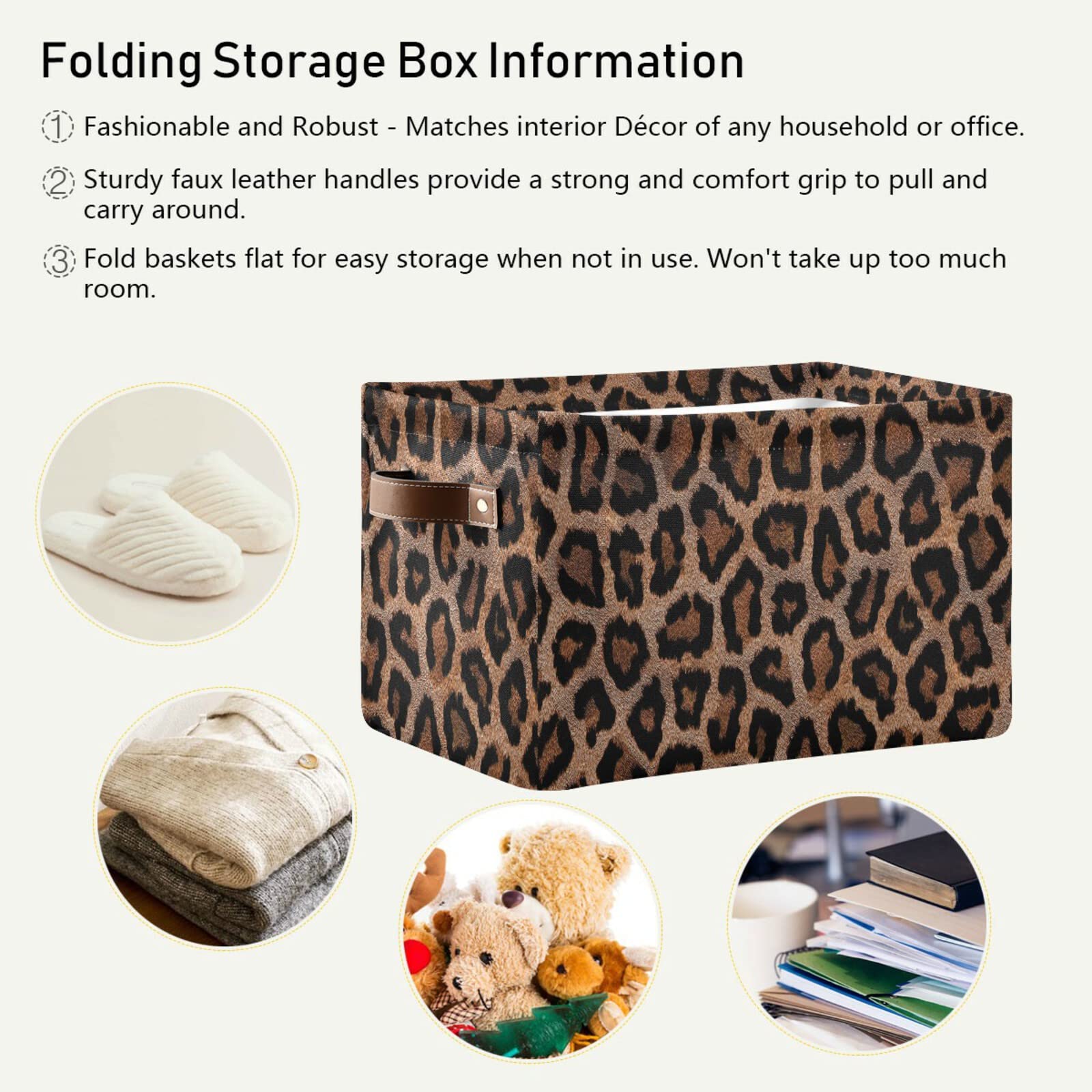 Collapsible Storage Basket with Leather Handles - Home & Office Organizer for Gifts & Essentials