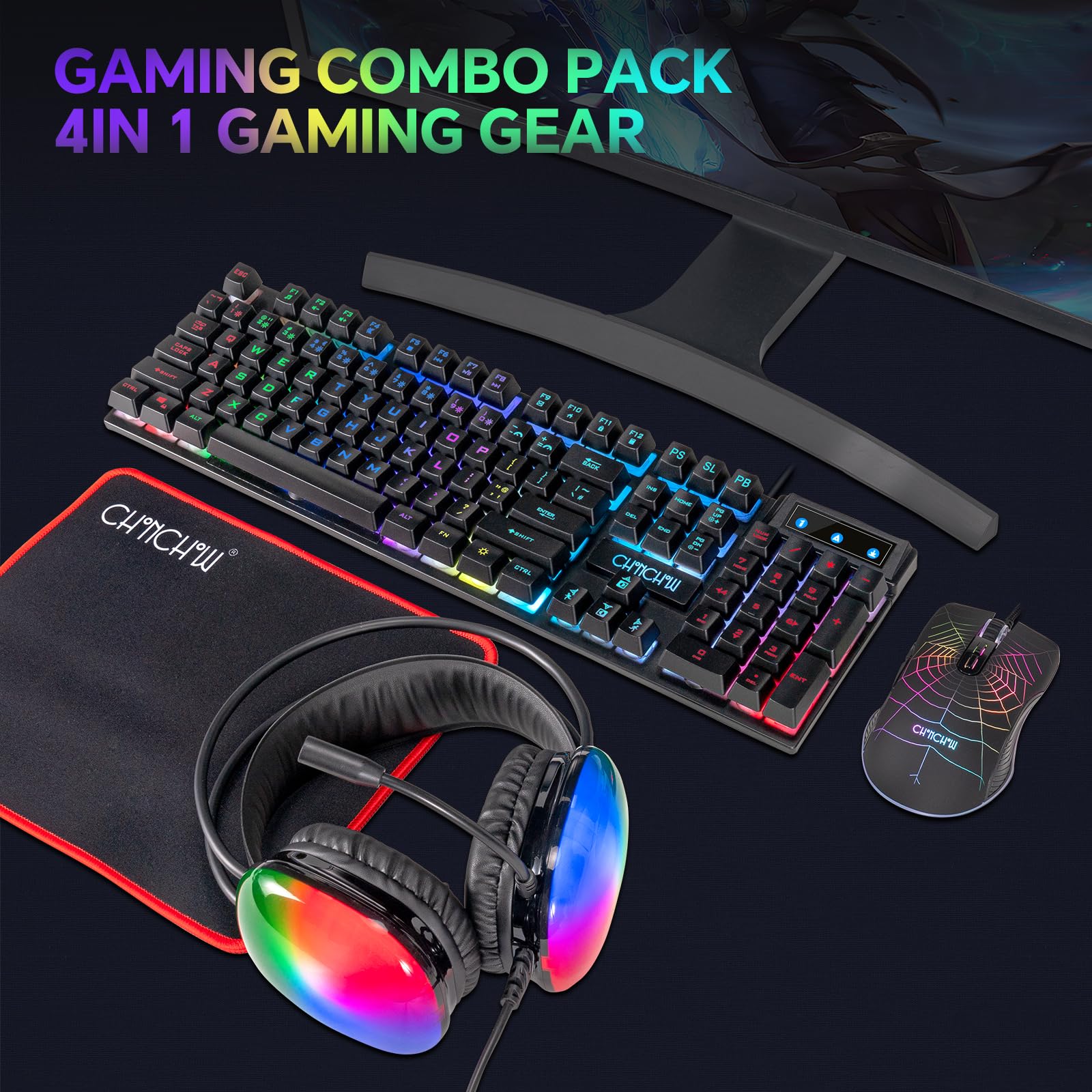 RGB Backlit Gaming Keyboard, Mouse, Mousepad & Headset Combo - Wired USB Gamer Bundle with Mic | Compatible with PC, Windows, Xbox One, PS4, PS5 (Black) | Perfect for Esports, Streaming & Competitive Gaming
