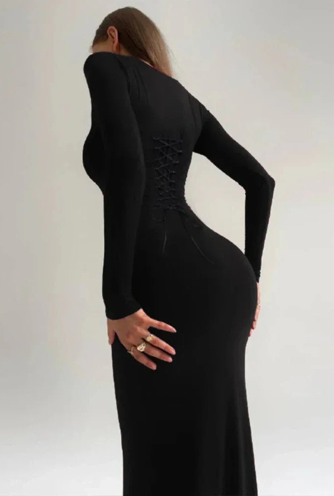 Sexy Black Maxi Dress with Back Bandage Detail - Long Sleeve Bodycon Winter Dress for Women | 2023 New Arrival C70 CG32 | Perfect for Date Night, Holiday Parties & Formal Events