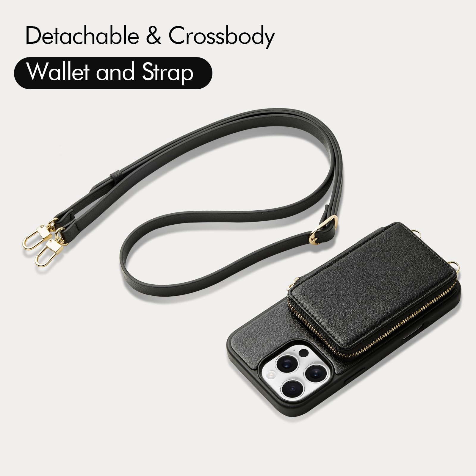 ZVE iPhone 16 Pro Max Wallet Case with Zipper, Crossbody Strap & Card Holder - 6.9