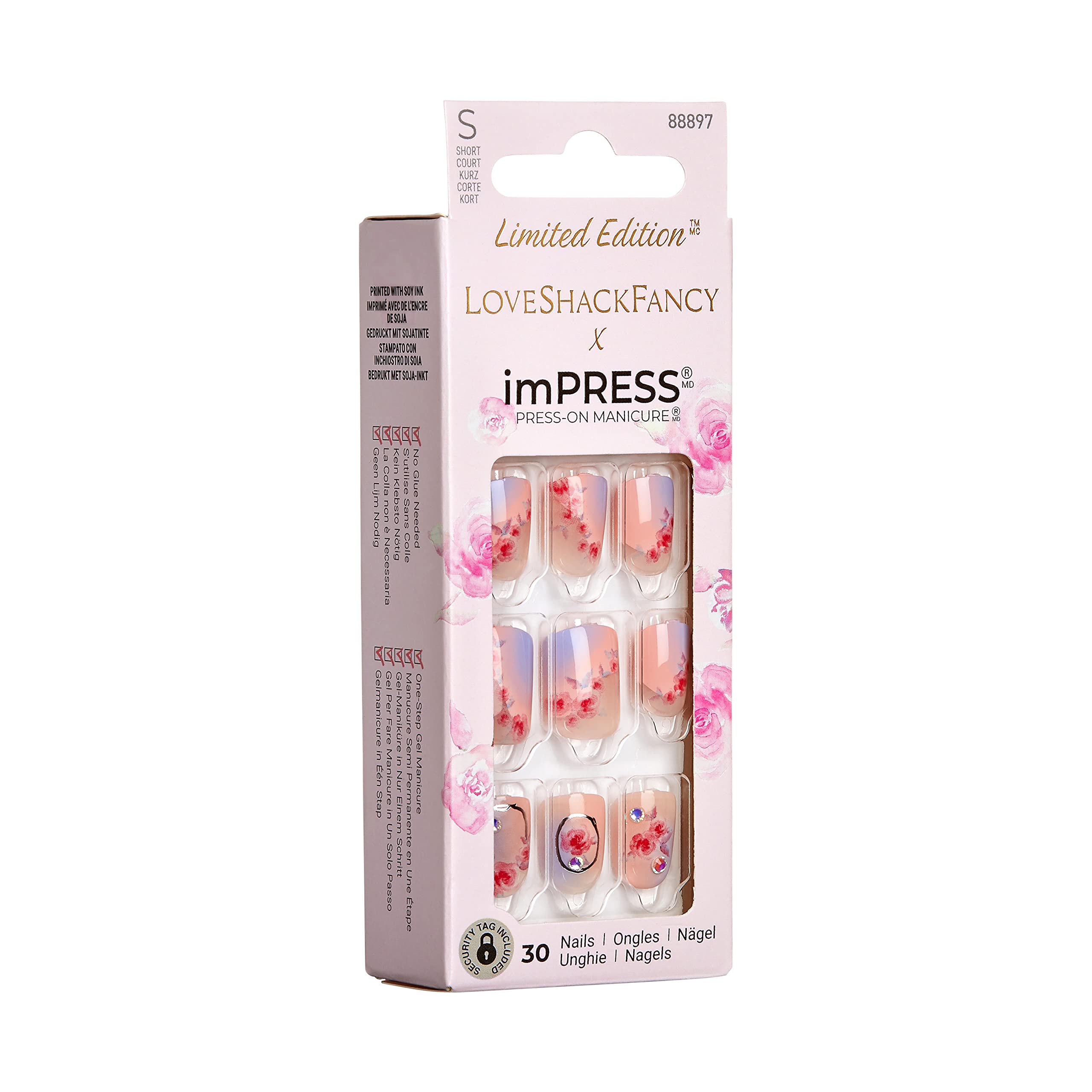 KISS LoveShackFancy x imPRESS Press-On Nails Limited Edition - Sunkissed Peach Short Square Fake Nails Kit with Prep Pad, Nail File & Cuticle Stick (30 Nails) | Perfect for Weddings, Parties & Everyday Glam