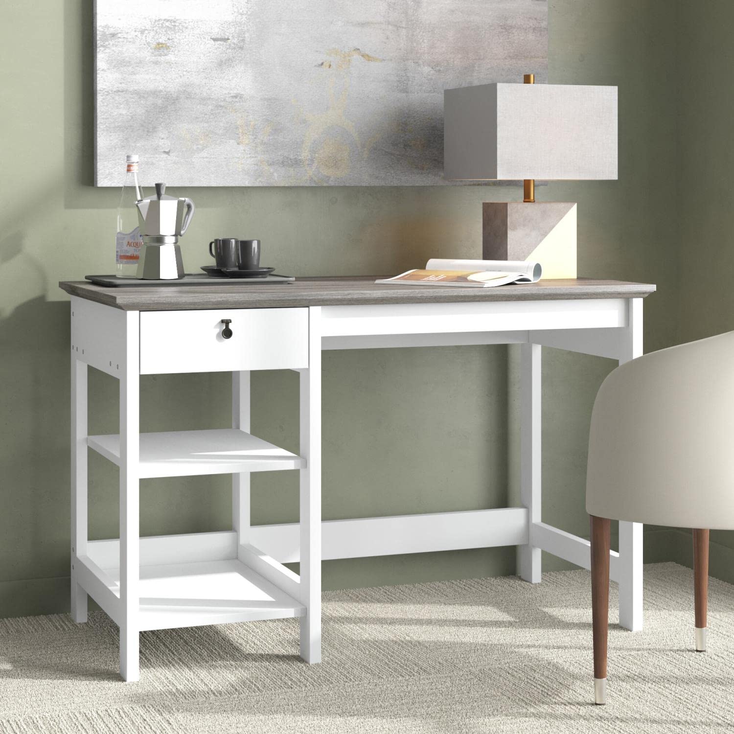 Saint Birch Finley 47-inch White Writing Desk with Storage and Shelves - Modern Home Office Desk for Work, Study, and Small Spaces