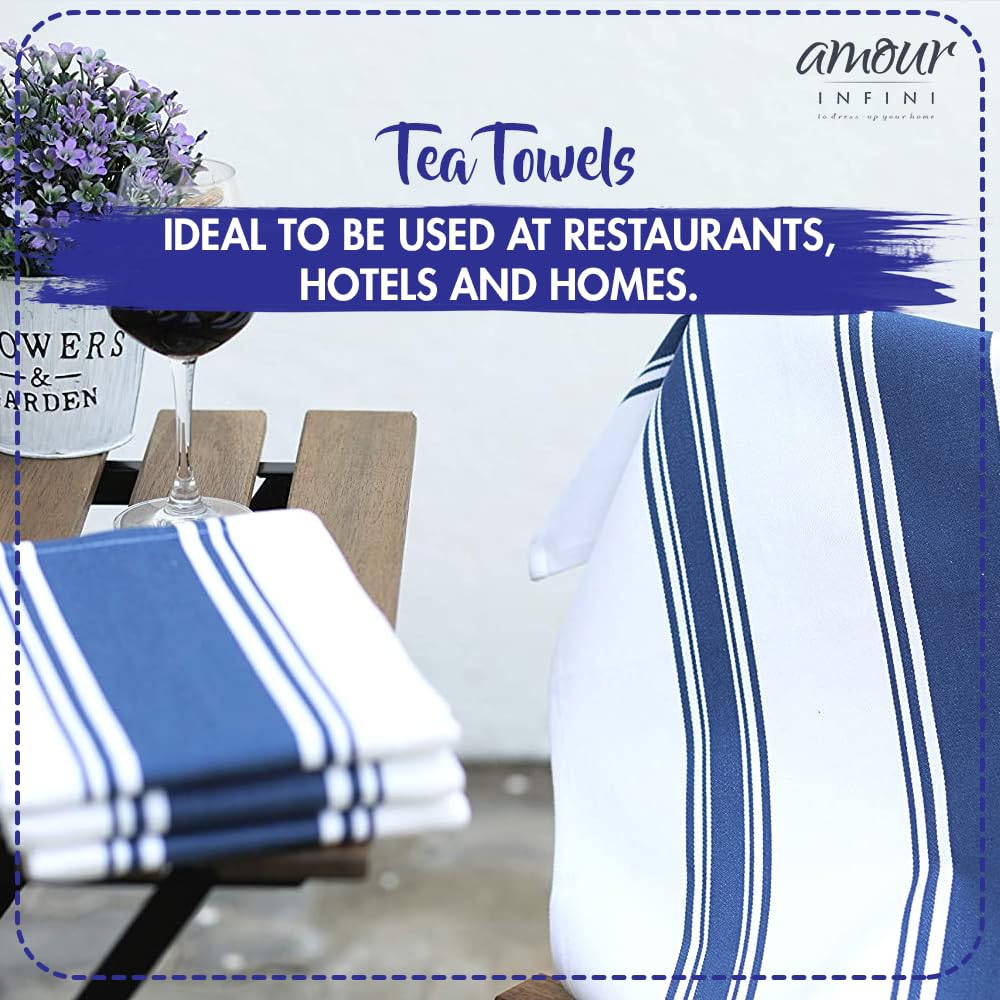 AMOUR INFINI Cotton Kitchen Towels Set of 4 - Ultra Soft & Highly Absorbent Dish Cloths (20x28 Inch) with Hanging Loop for Quick Drying | Perfect for Washing Dishes, Drying Hands & Kitchen Cleaning | Blue Tea Towels