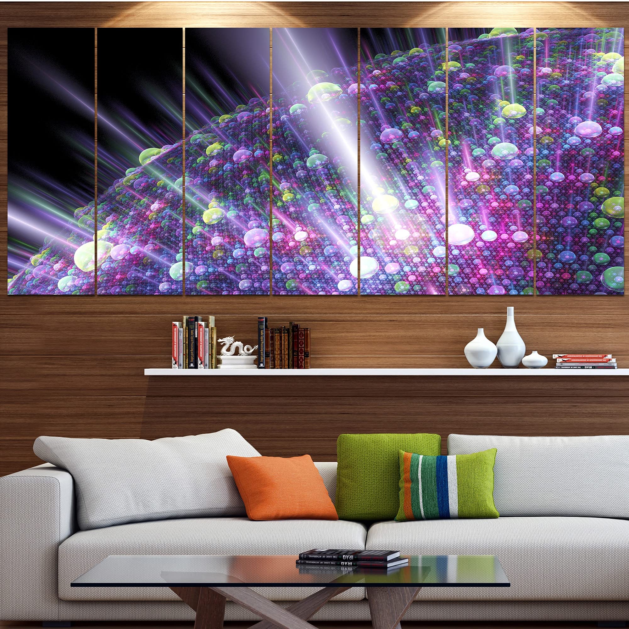 Abstract Wall Art Canvas - DESIGN ART 'Purple Solar Bubbles Planet' Modern Painting 83x32 Inches (7 Panels) for Living Room, Bedroom & Office Decor