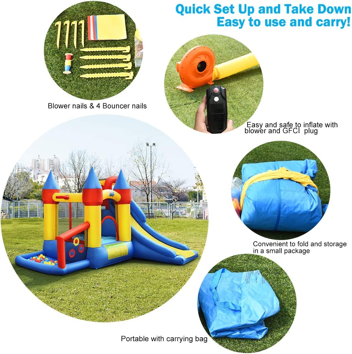 **WATERJOY Inflatable Bounce House with 740 Blower - Kids Slide, Jumping Castle, Basketball Rim & Football Play Area for Indoor & Outdoor Fun - Perfect for Birthday Parties, Backyard Play & Summer Activities**