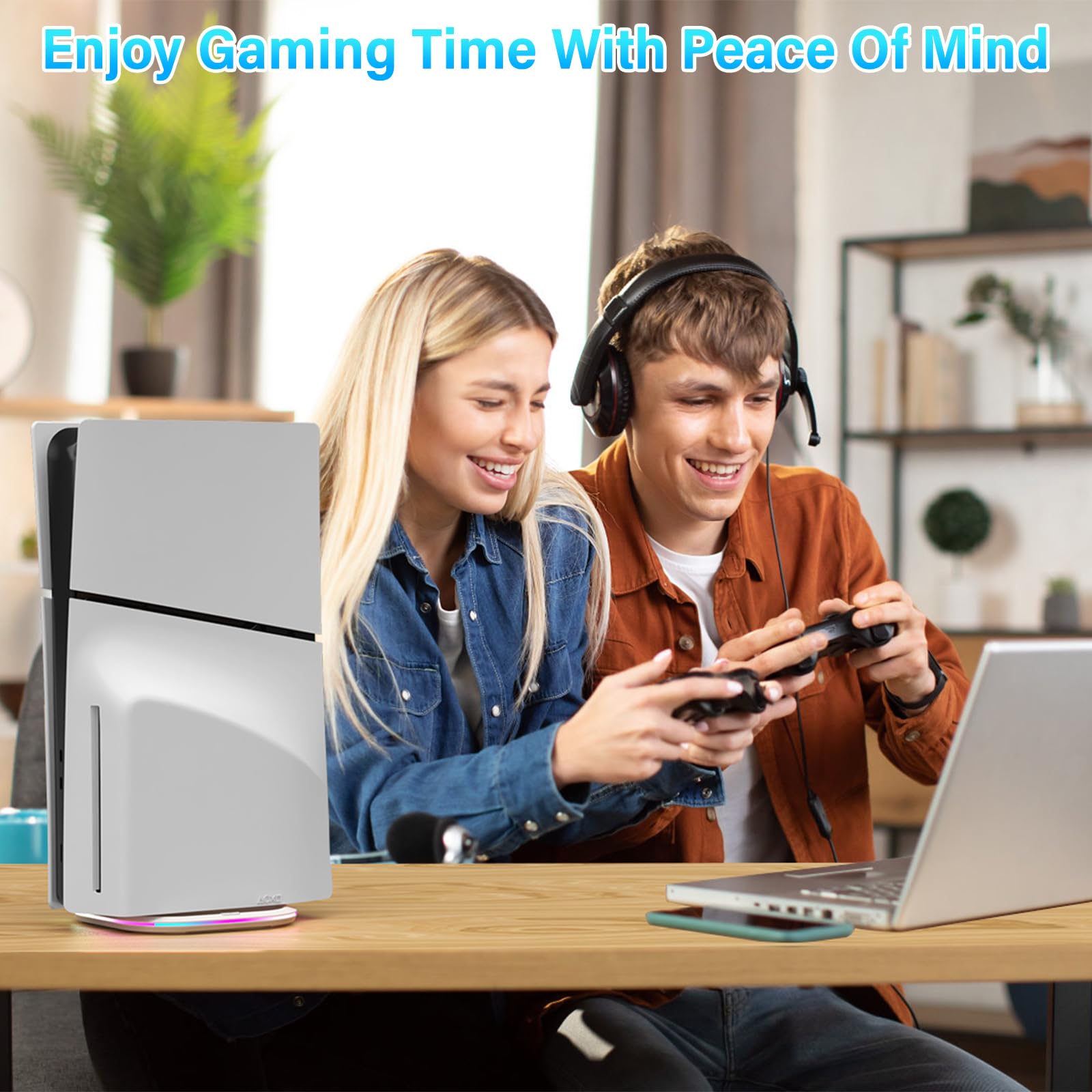 PS5/PS5 Slim Vertical Stand with 7 RGB Modes - Stable Holder for Disc & Digital Consoles - Includes Screw & USB-C Cable - Perfect for Gaming Setup & Display