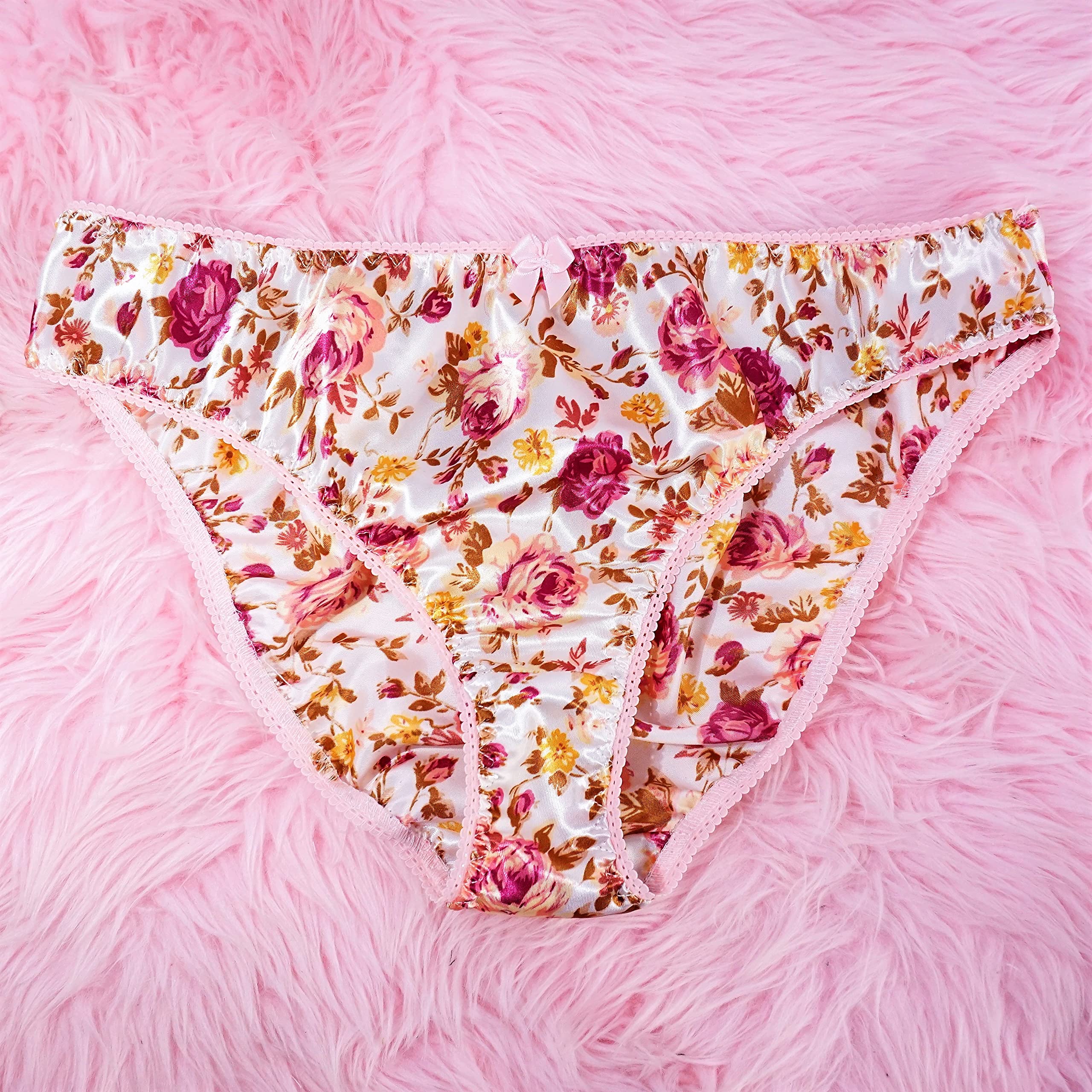 Ania's Poison Floral Women's Underwear - Pink Roses Full Cut Bikini Panties, Shiny Ladies Panties S-XL (S/M) | Comfortable Daily Wear & Special Occasion Lingerie