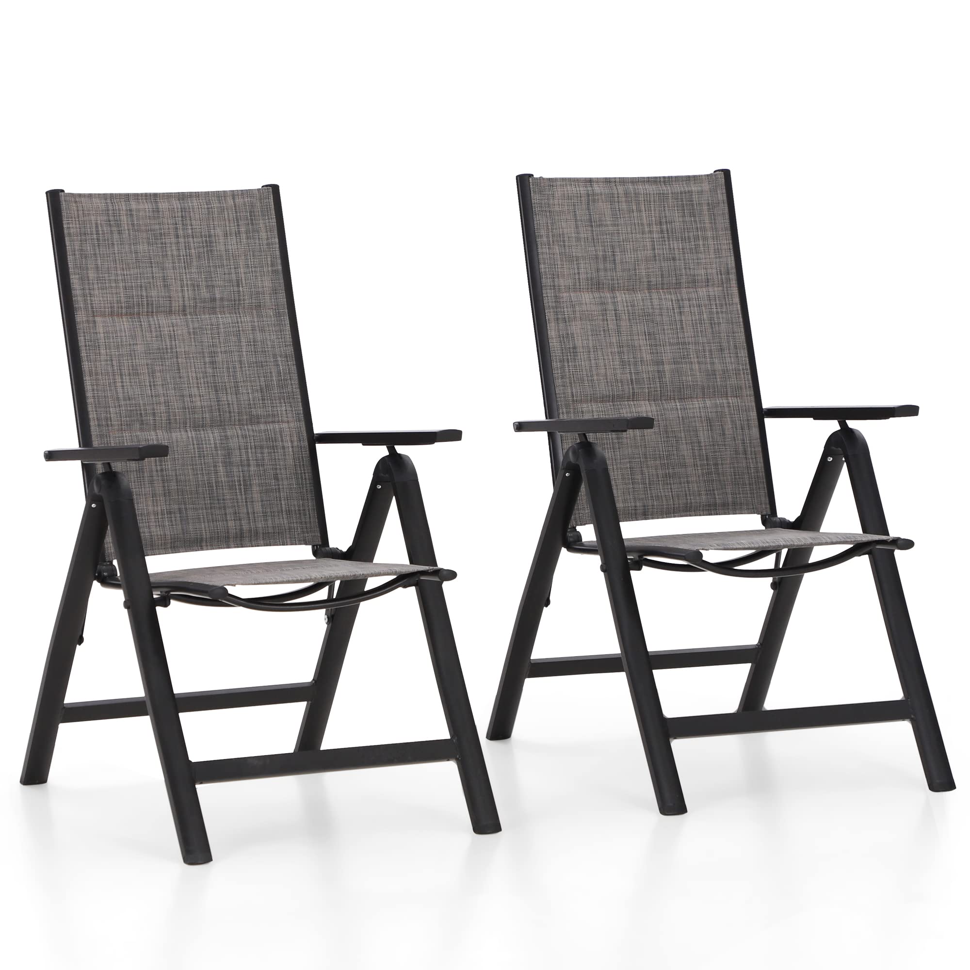 MFSTUDIO 2 Pack Aluminum Folding Patio Chairs with Arms - Adjustable Textilene Outdoor Dining Chairs for Backyard, Garden, Poolside & Camping - 7-Level Reclining, Portable & Weather-Resistant (Grey)