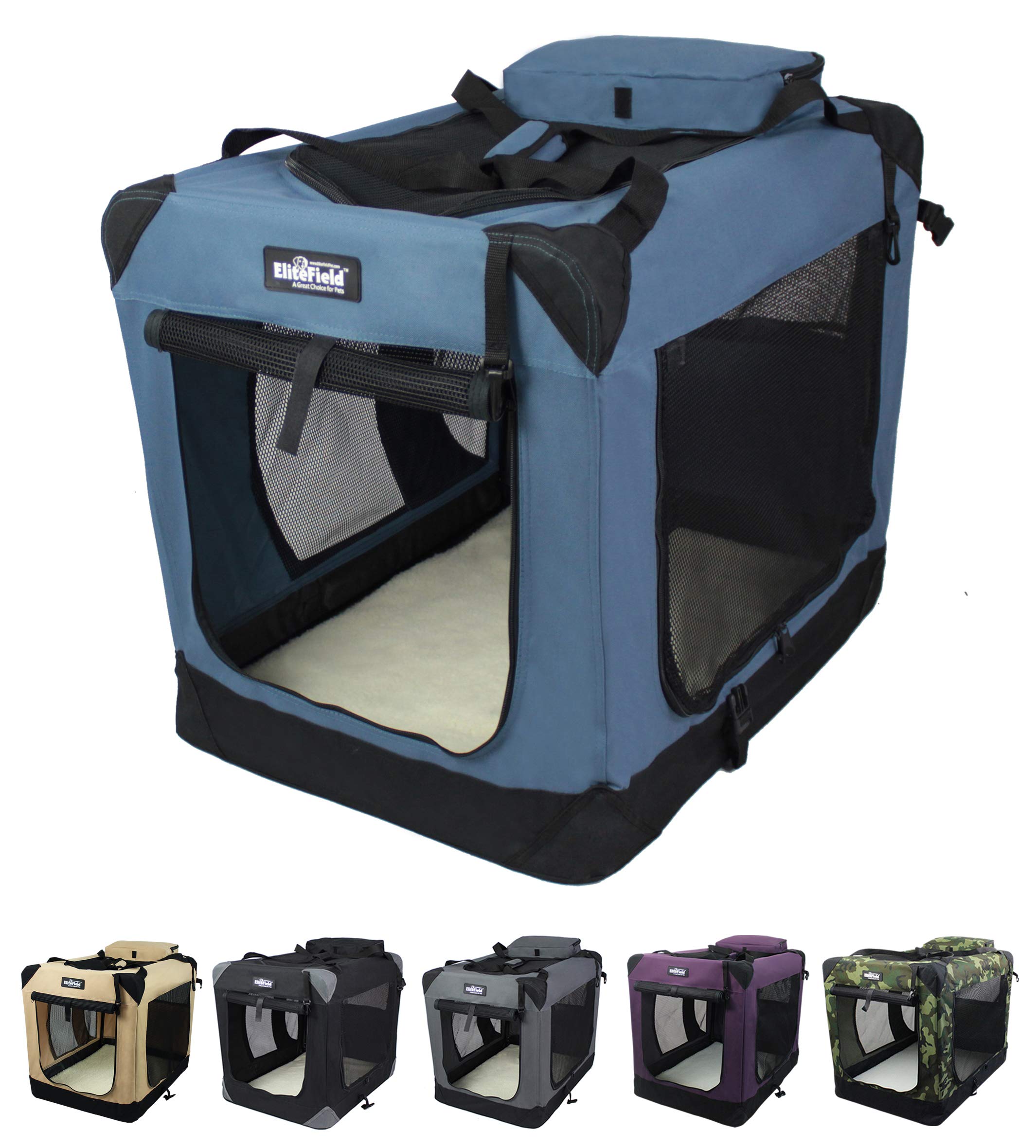 EliteField 3-Door Foldable Dog Crate with Bed - Portable Pet Home for Indoor/Outdoor Use