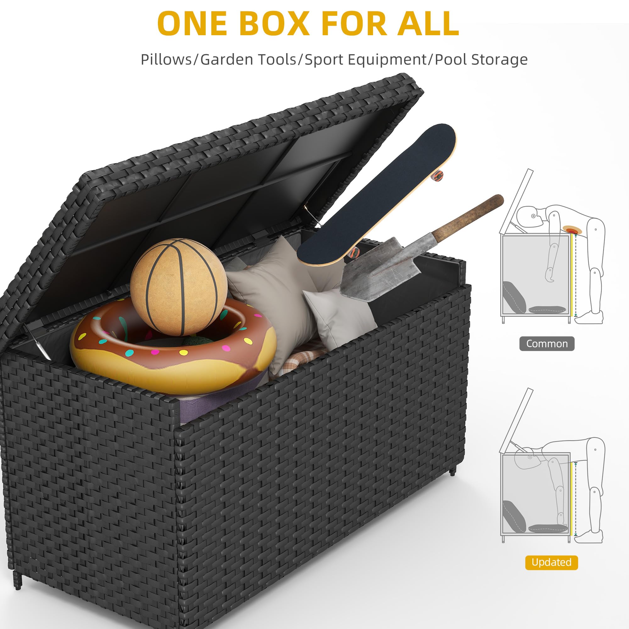 DWVO 170 Gallon Outdoor Storage Box - Weatherproof Wicker Deck Box with Lockable Lid - Large Patio Furniture Storage Container for Cushions, Pool Toys & Garden Tools - Perfect for Backyard, Deck & Poolside Organization (Black)