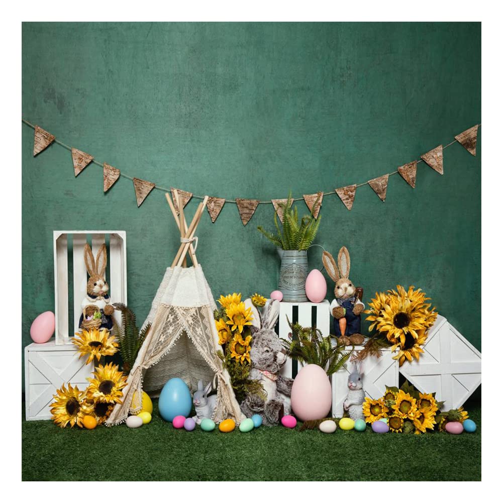 8x8ft Happy Easter Photography Backdrop - Spring Green Lawn with Rabbits & Sunflowers for Photo Shoots | Easter Egg Hunt, Camping Theme, Party Decorations & Social Media Background