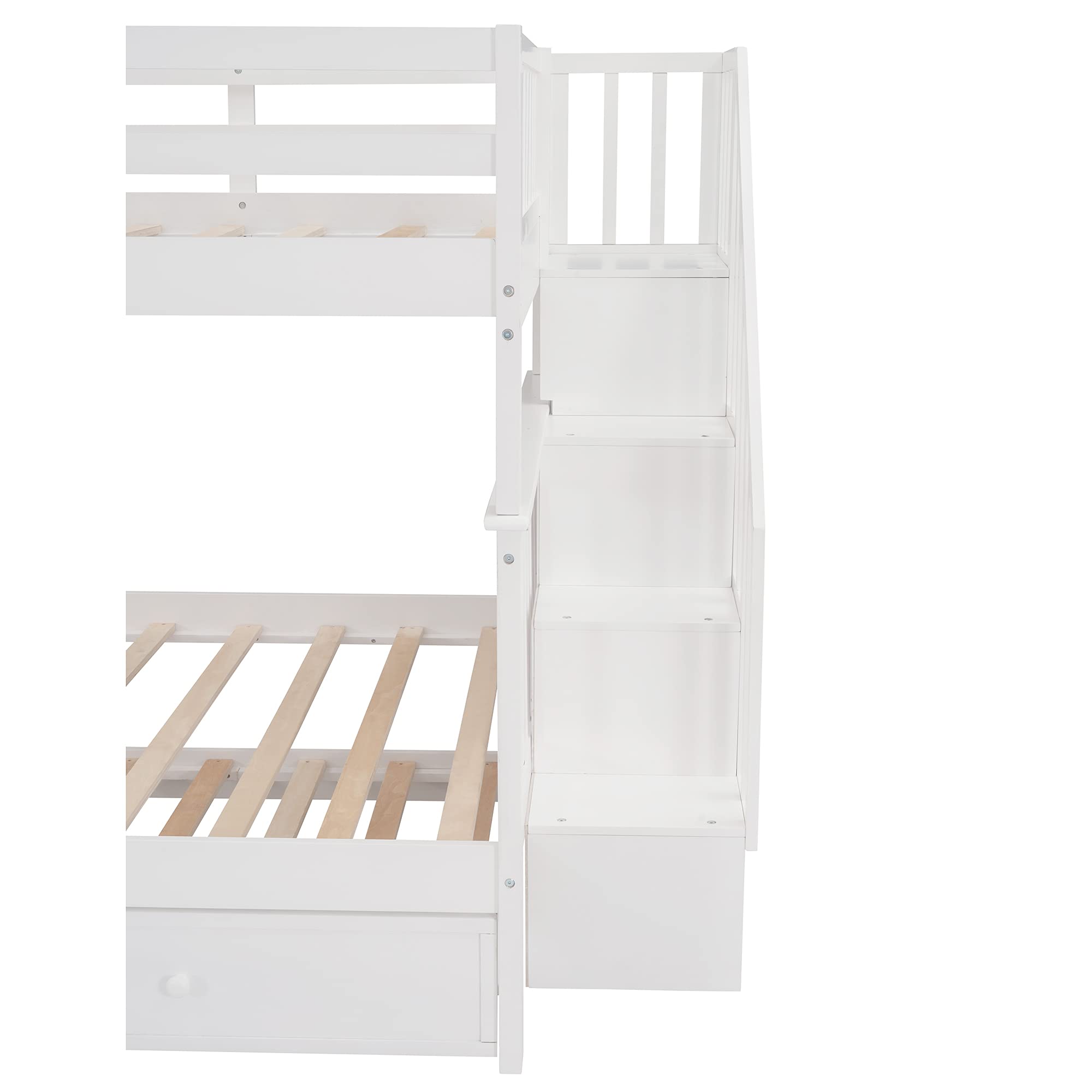 MERITLINE Full Over Full Wooden Bunk Bed Frame with Stairs & Trundle - Convertible Kids Bunk Bed in White | Space-Saving Solution for Shared Bedrooms, Guest Rooms & Small Spaces