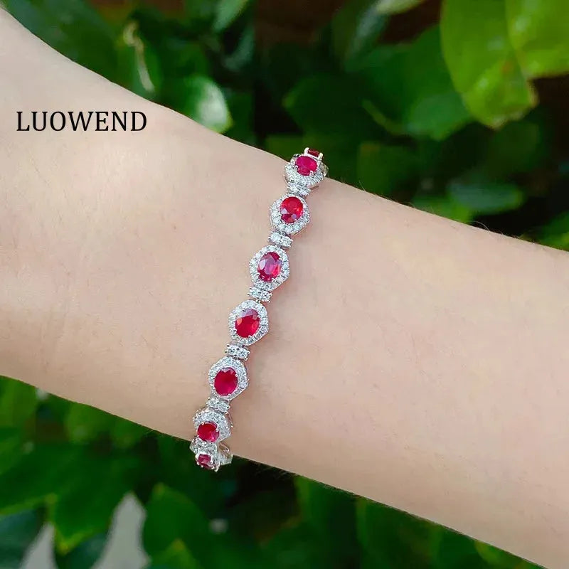 18K White Gold Bracelet with Real Natural Ruby & Shiny Diamonds - Elegant Luxury Jewelry for Women - Perfect for Senior Banquets, Weddings & Special Occasions
