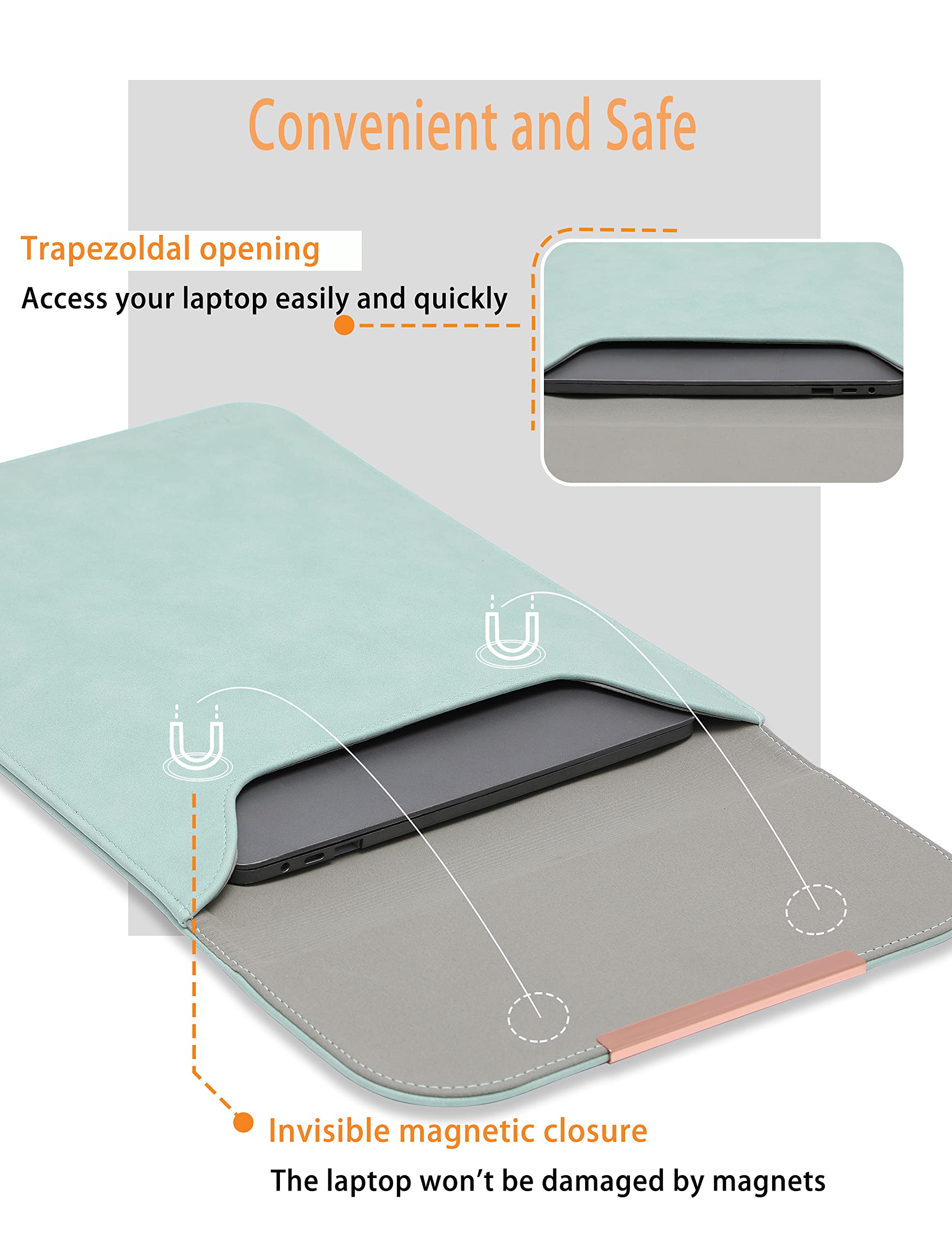 Premium 13-14 Inch Laptop Sleeve for MacBook Pro 14 M2/M1 & MacBook Air 13 - Faux Suede Leather Case with Rose Gold Metal Trim (Mint Green) - Perfect for Work, Travel & School Protection