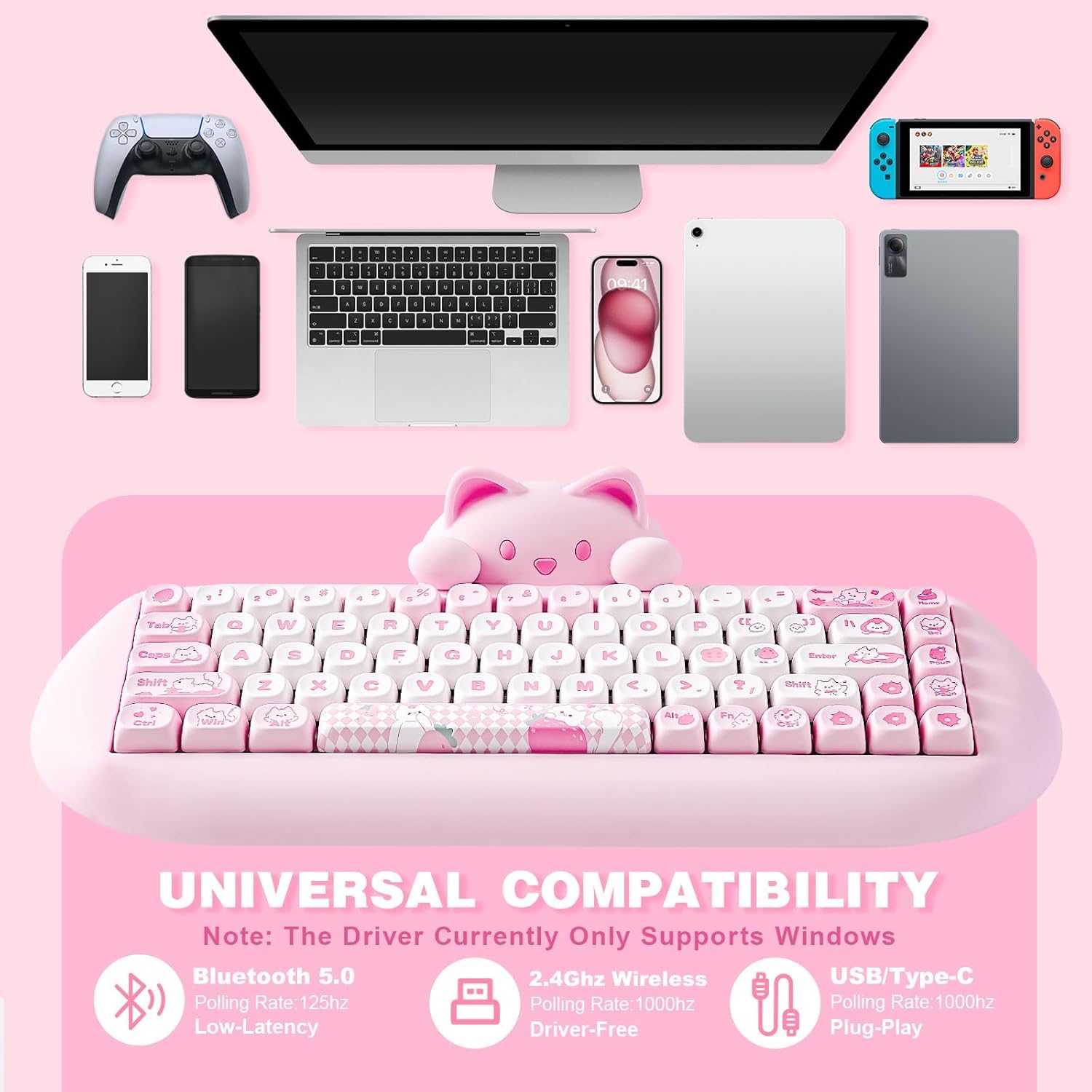 YUNZII C68 Wireless Mechanical Keyboard - 65% Compact Layout, Hot-Swappable, Triple Mode (Bluetooth 5.0/2.4G/Wired), RGB Backlit, NKRO, Ergonomic Cute Cat Silicone Design - Compatible with Windows & Mac (Pink, Milk Switch) - Perfect for Gaming, Office Work & Typing Enthusiasts