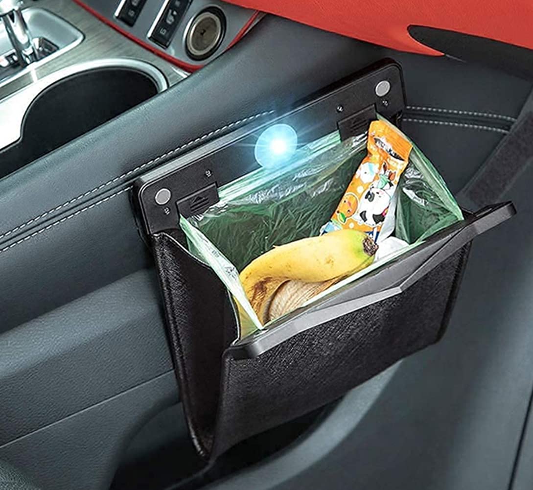 Premium PU Leather Car Trash Bag with LED Light & Magnetic Closure - Includes Tissue Box & 30 Disposable Liners - Waterproof Vehicle Garbage Can for Cars, SUVs & Road Trips - Perfect for Road Trips, Commuting & Keeping Your Car Clean